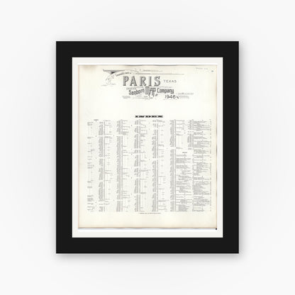 Old map wall art mockup — black gallery frame with white mat — Sanborn Fire Insurance Map from Paris, Lamar County, Texas (1950), Sheet #0001