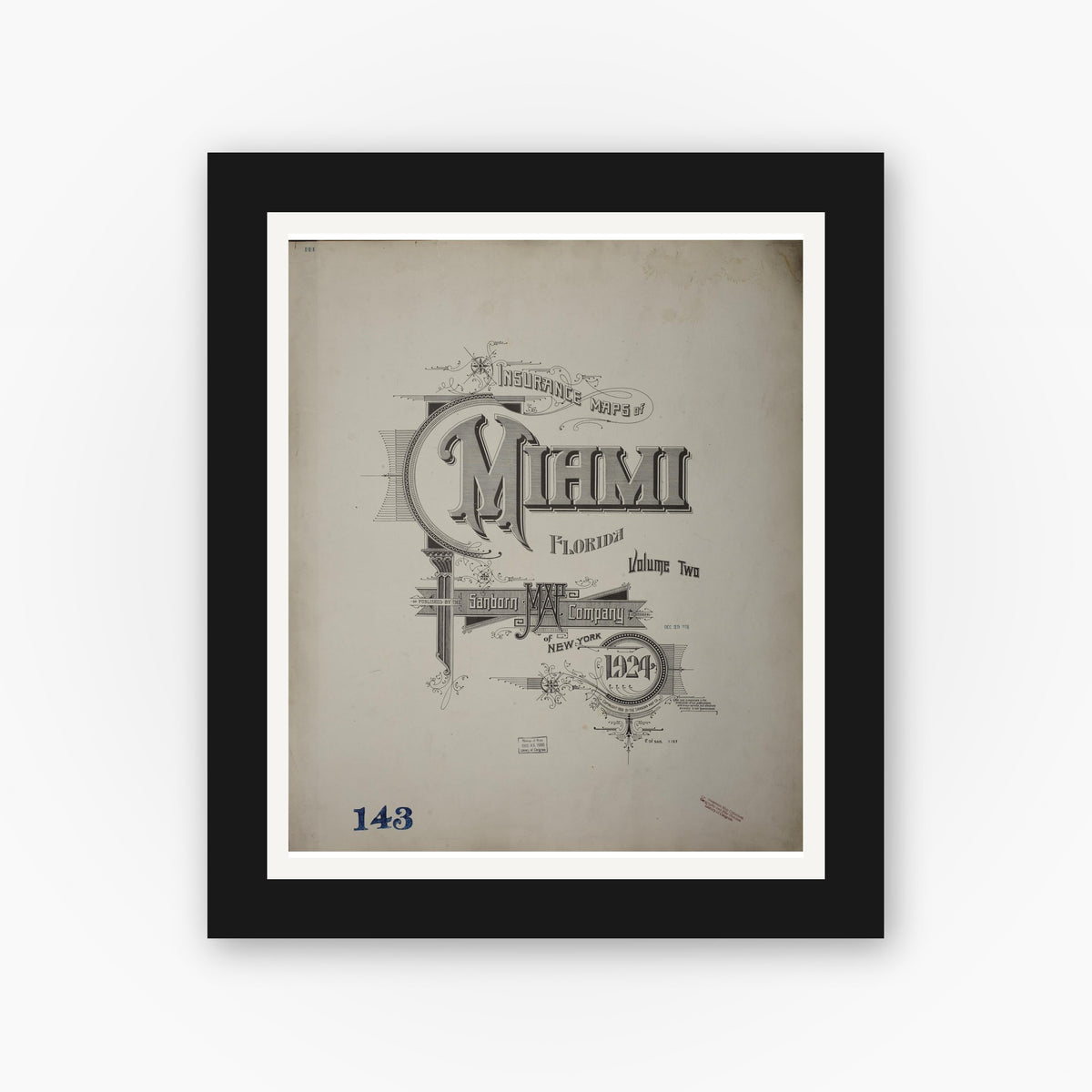 Old map wall art mockup — black gallery frame with white mat — Sanborn Fire Insurance Map from Miami, Dade County, Florida (1938), Sheet #0001