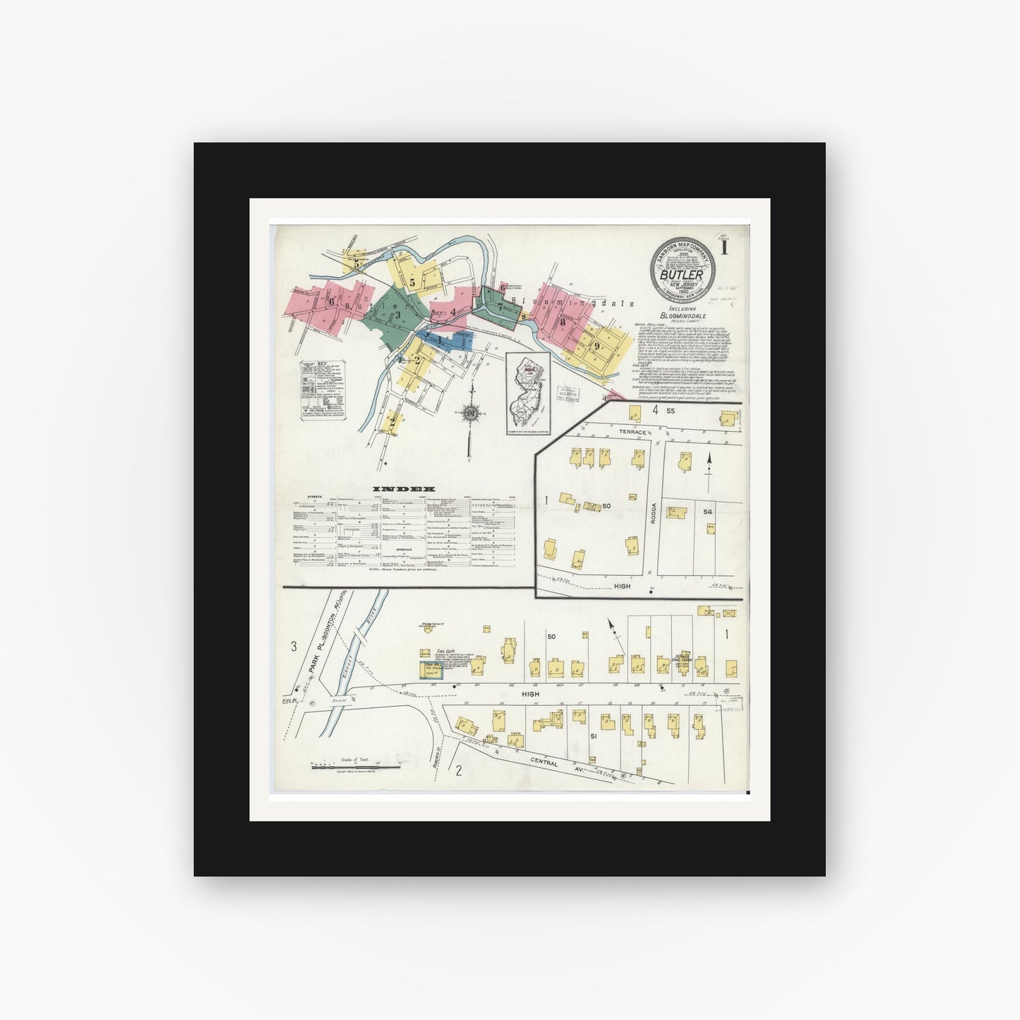 Old map wall art mockup — black gallery frame with white mat — Sanborn Fire Insurance Map from Butler, Morris County, New Jersey (1920) - Complete Map Set