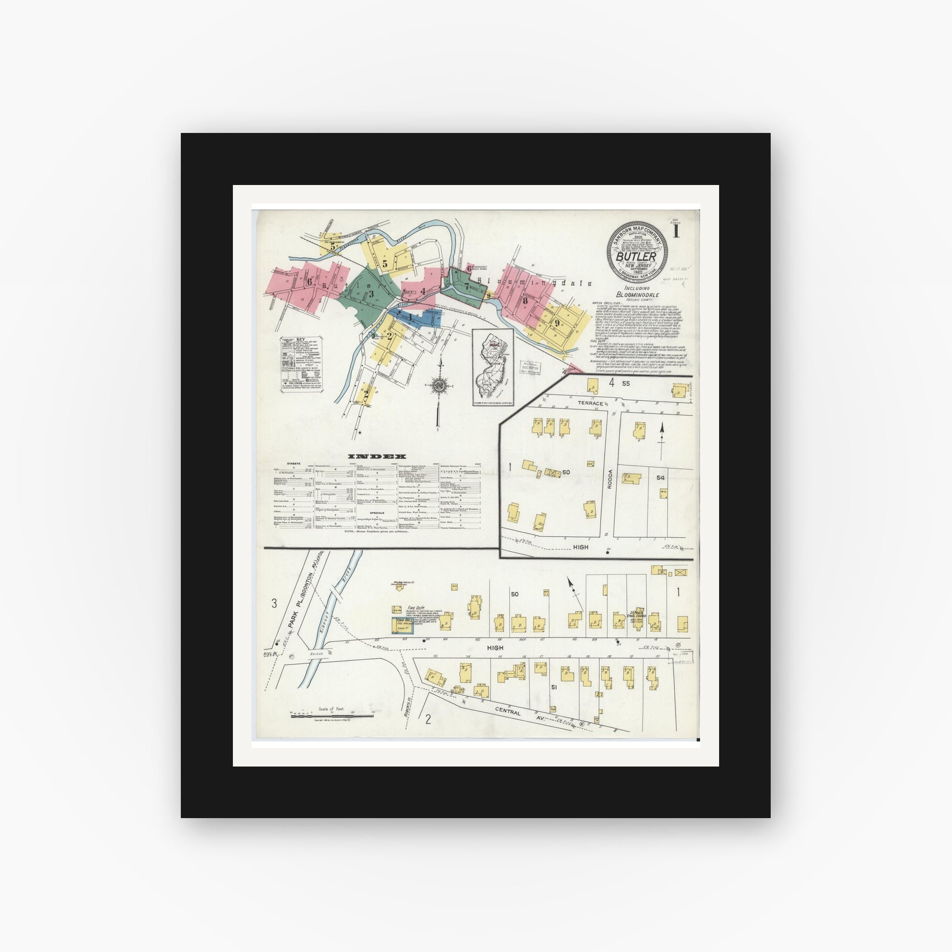 Old map wall art mockup — black gallery frame with white mat — Sanborn Fire Insurance Map from Butler, Morris County, New Jersey (1920) - Complete Map Set