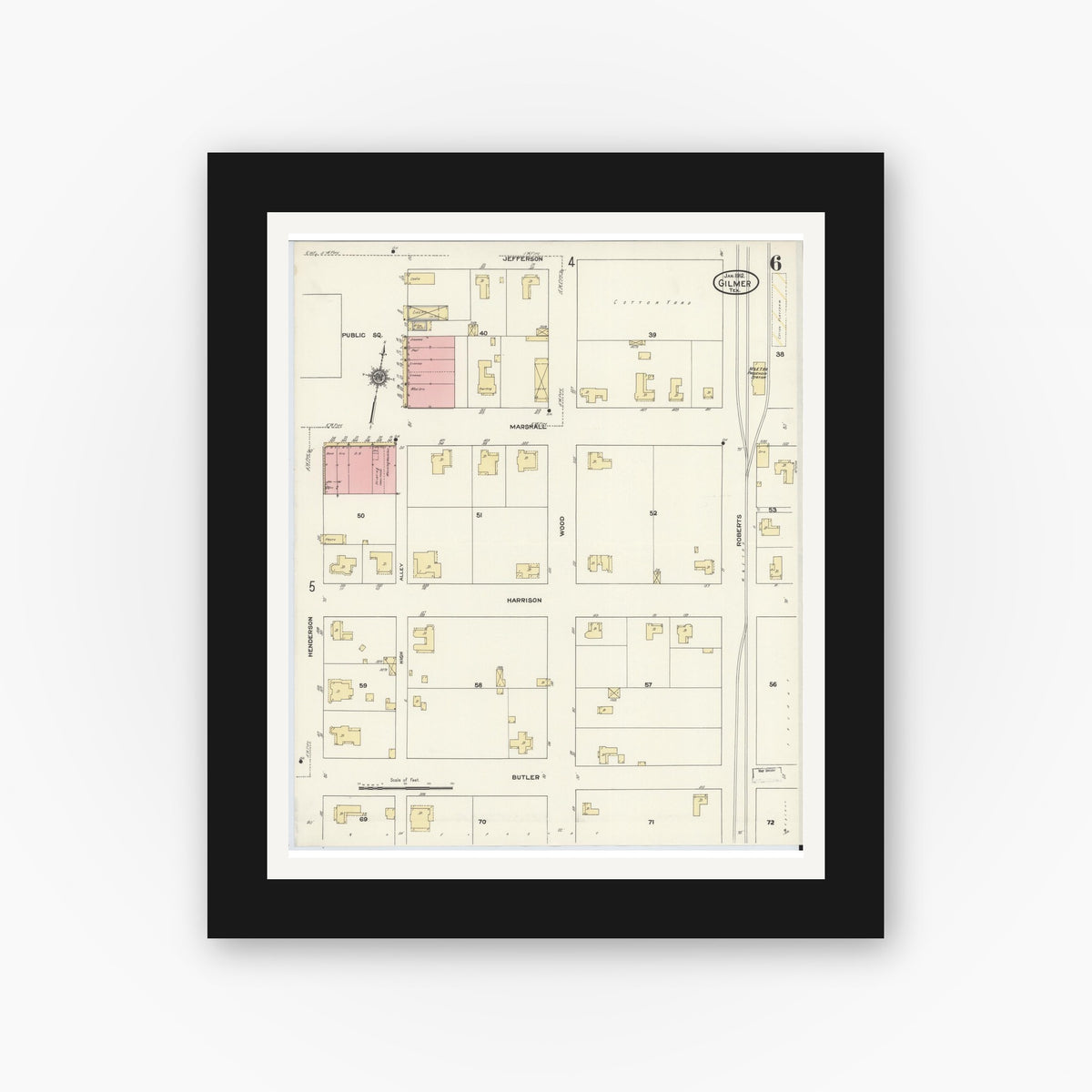 Old map wall art mockup — black gallery frame with white mat — Sanborn Fire Insurance Map from Gilmer, Upshur County, Texas (1912), Sheet #0006