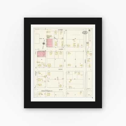Old map wall art mockup — black gallery frame with white mat — Sanborn Fire Insurance Map from Gilmer, Upshur County, Texas (1912), Sheet #0006