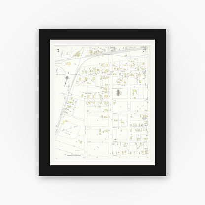 Old map wall art mockup — black gallery frame with white mat — Sanborn Fire Insurance Map from Conroe, Montgomery County, Texas (1938), Sheet #0007