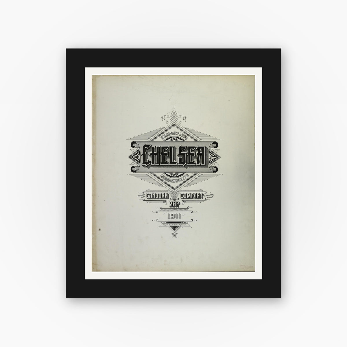 Old map wall art mockup — black gallery frame with white mat — Sanborn Fire Insurance Map from Chelsea, Suffolk County, Massachusetts (1911), Sheet #0001