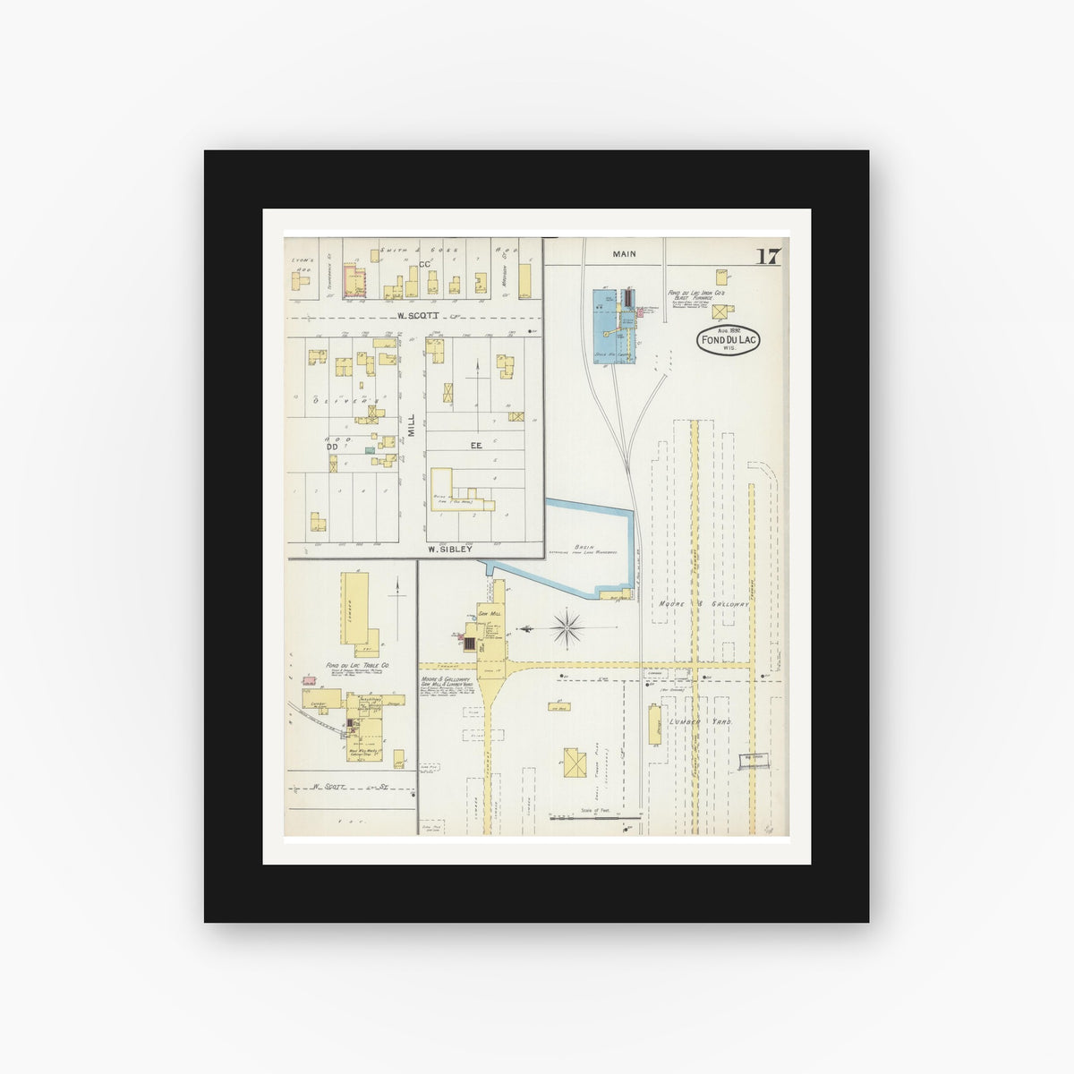 Old map wall art mockup — black gallery frame with white mat — Sanborn Fire Insurance Map from Fond du Lac, Fond du Lac County, Wisconsin (1892), Sheet #0017