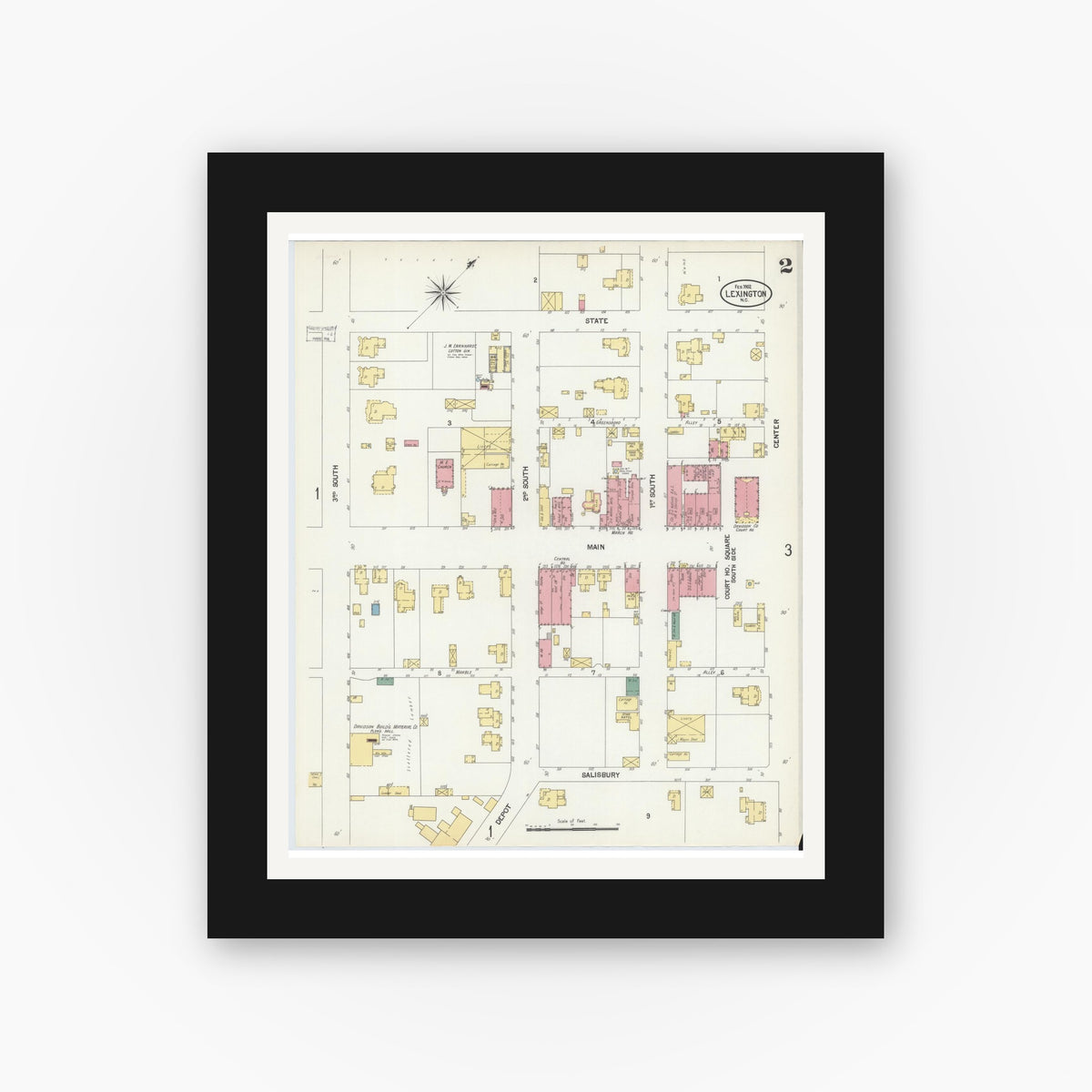 Old map wall art mockup — black gallery frame with white mat — Sanborn Fire Insurance Map from Lexington, Davidson County, North Carolina (1902), Sheet #0002