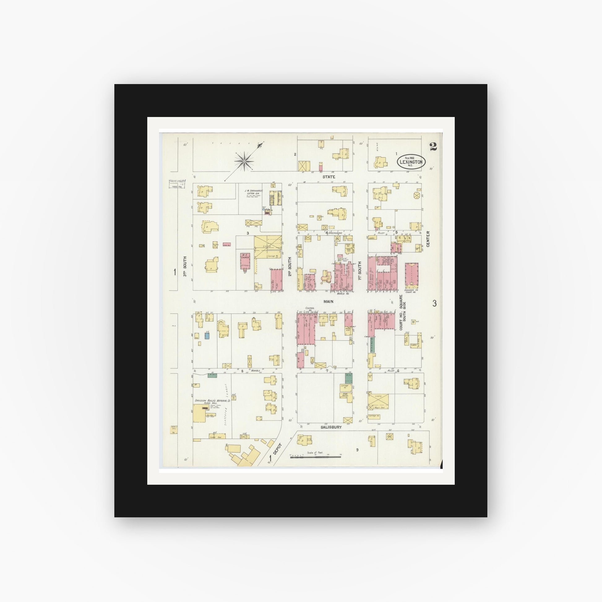 Old map wall art mockup — black gallery frame with white mat — Sanborn Fire Insurance Map from Lexington, Davidson County, North Carolina (1902), Sheet #0002