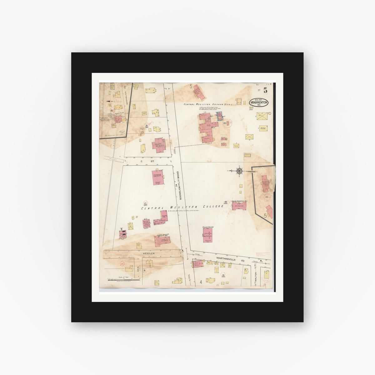 Old map wall art mockup — black gallery frame with white mat — Sanborn Fire Insurance Map from Warrenton, Warren County, Missouri (1932), Sheet #0005