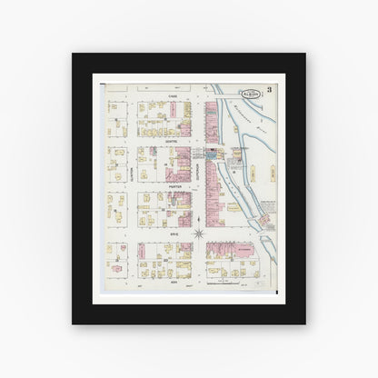 Old map wall art mockup — black gallery frame with white mat — Sanborn Fire Insurance Map from Albion, Calhoun County, Michigan (1888), Sheet #0003