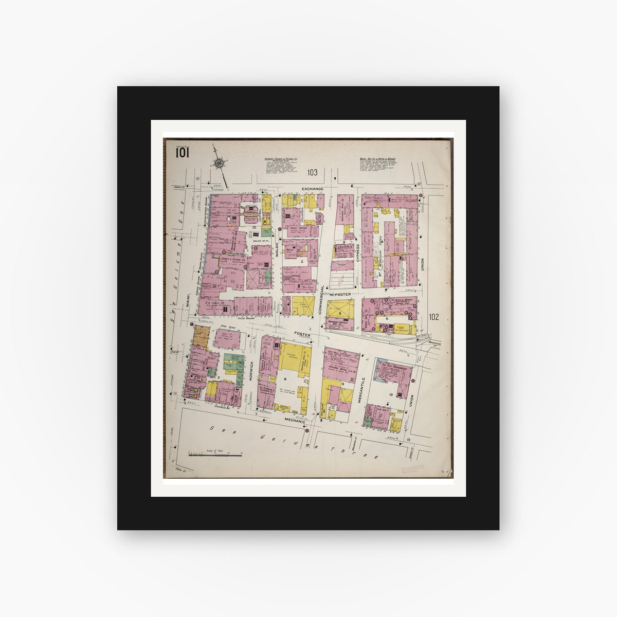 Old map wall art mockup — black gallery frame with white mat — Sanborn Fire Insurance Map from Worcester, Worcester County, Massachusetts (1910), Sheet #0101