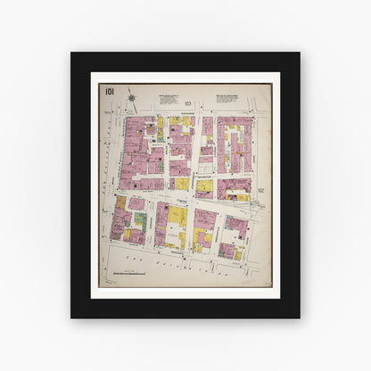 Old map wall art mockup — black gallery frame with white mat — Sanborn Fire Insurance Map from Worcester, Worcester County, Massachusetts (1910), Sheet #0101
