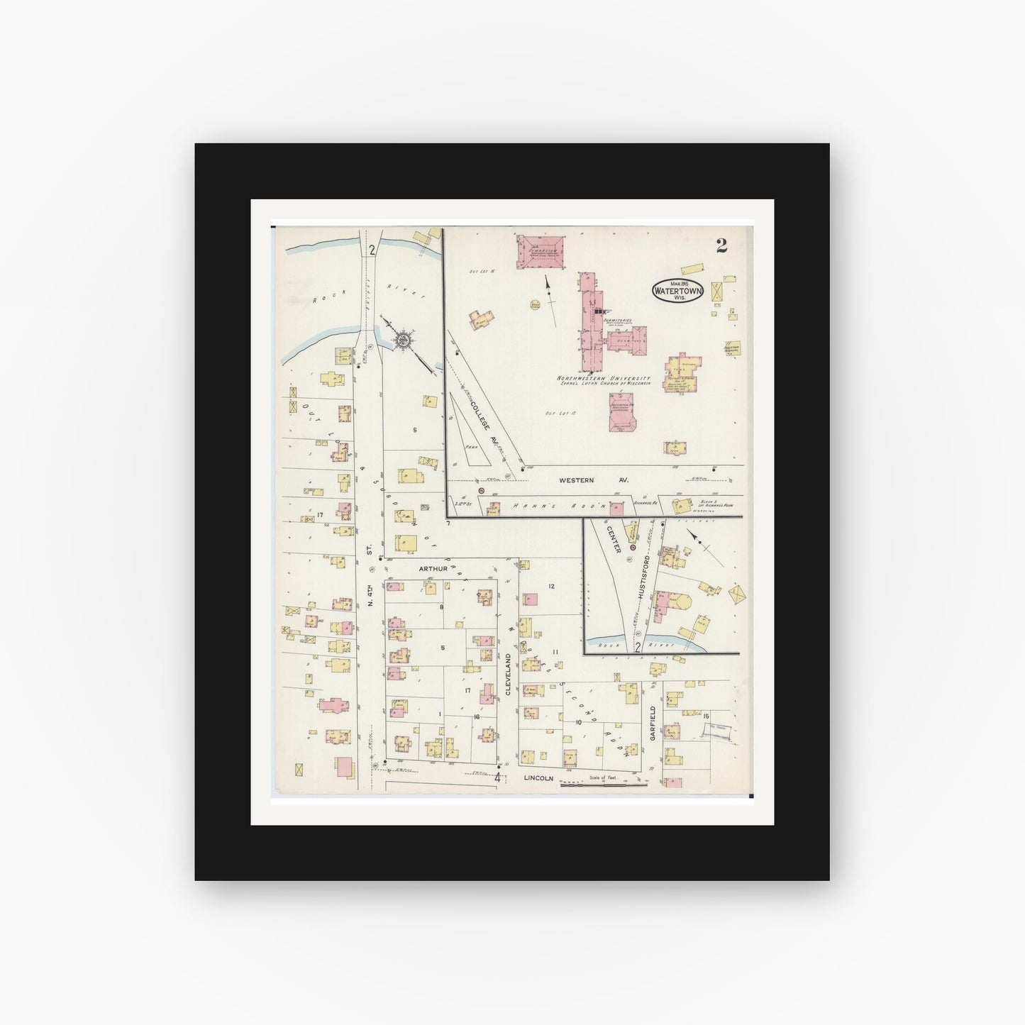 Old map wall art mockup — black gallery frame with white mat — Sanborn Fire Insurance Map from Watertown, Jefferson County, Wisconsin (1915), Sheet #0003