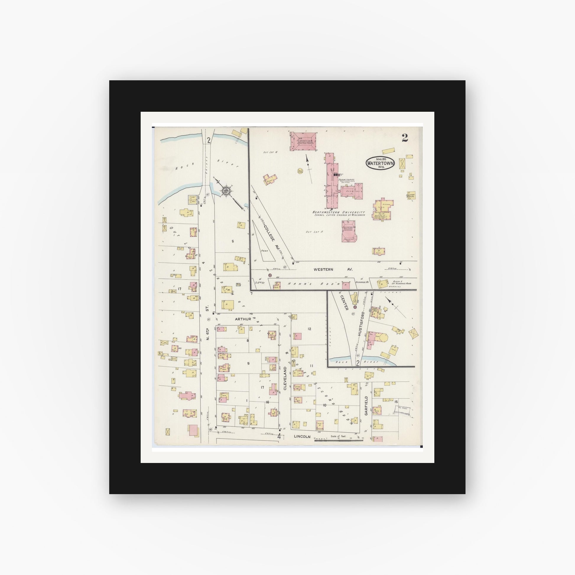 Old map wall art mockup — black gallery frame with white mat — Sanborn Fire Insurance Map from Watertown, Jefferson County, Wisconsin (1915), Sheet #0003