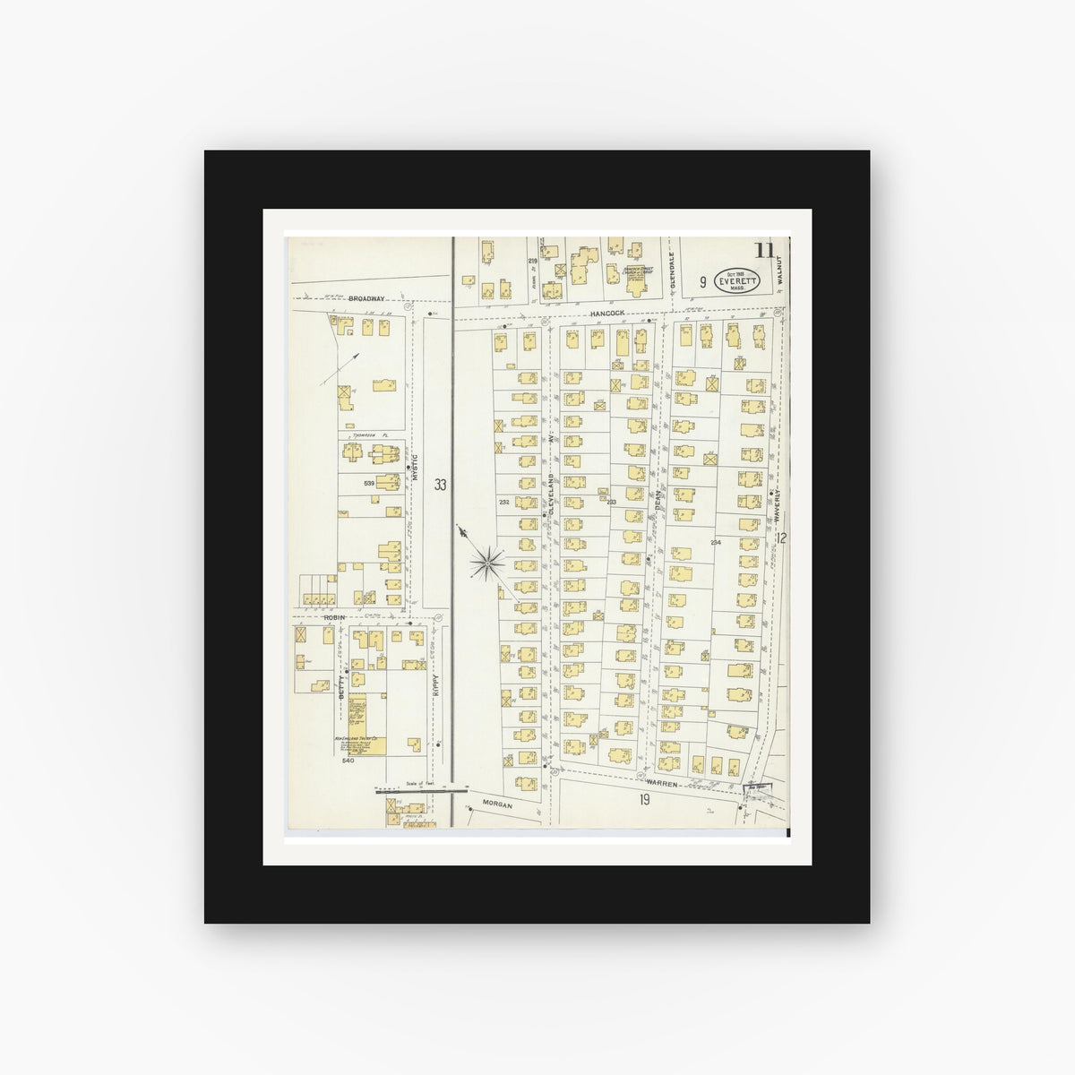 Old map wall art mockup — black gallery frame with white mat — Sanborn Fire Insurance Map from Everett, Middlesex County, Massachusetts (1903), Sheet #0011