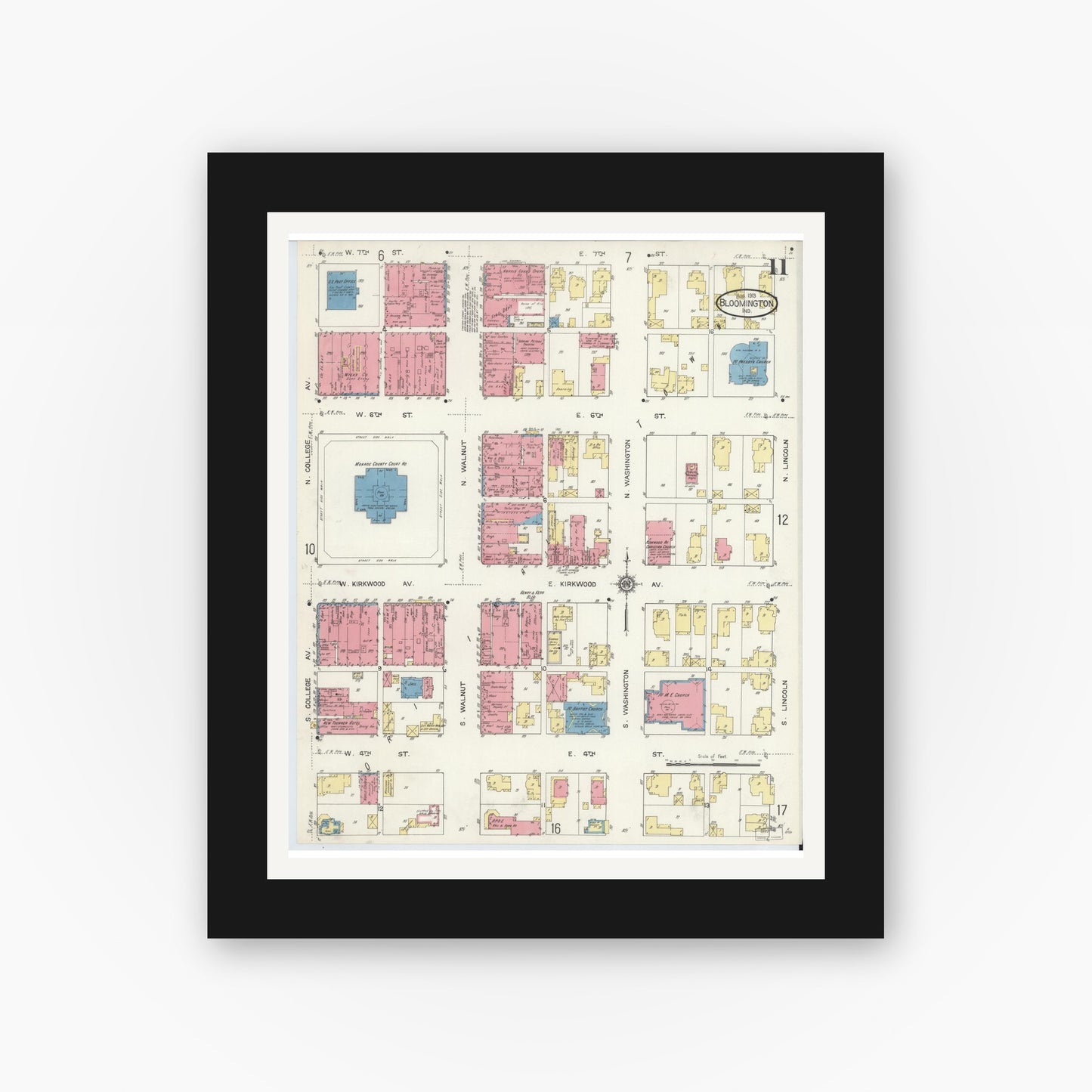 Old map wall art mockup — black gallery frame with white mat — Sanborn Fire Insurance Map from Bloomington, Monroe County, Indiana (1913), Sheet #0011