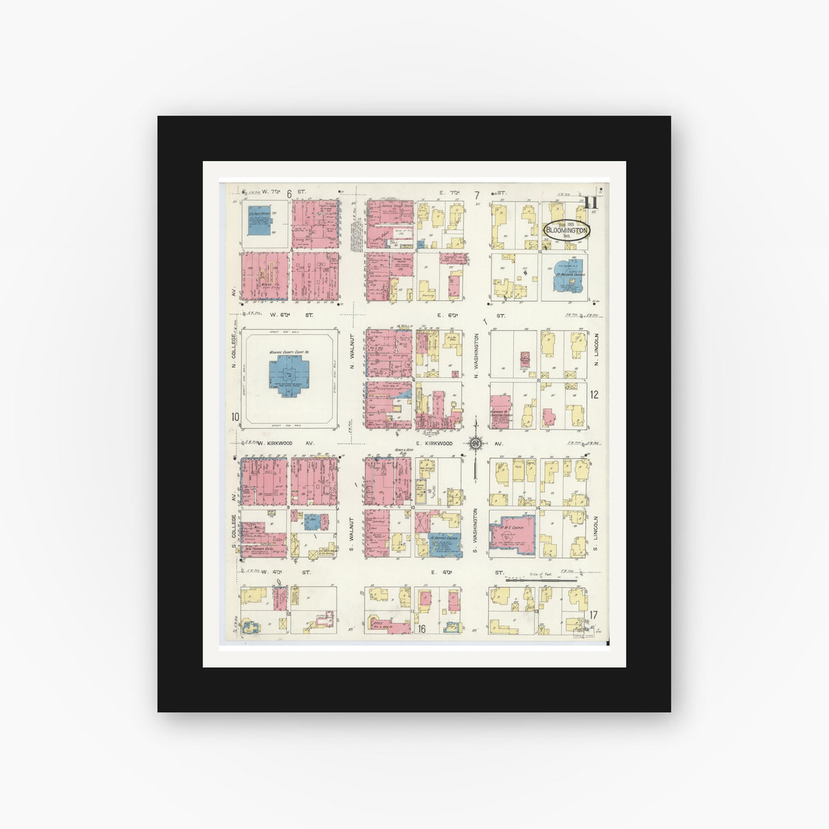 Old map wall art mockup — black gallery frame with white mat — Sanborn Fire Insurance Map from Bloomington, Monroe County, Indiana (1913), Sheet #0011