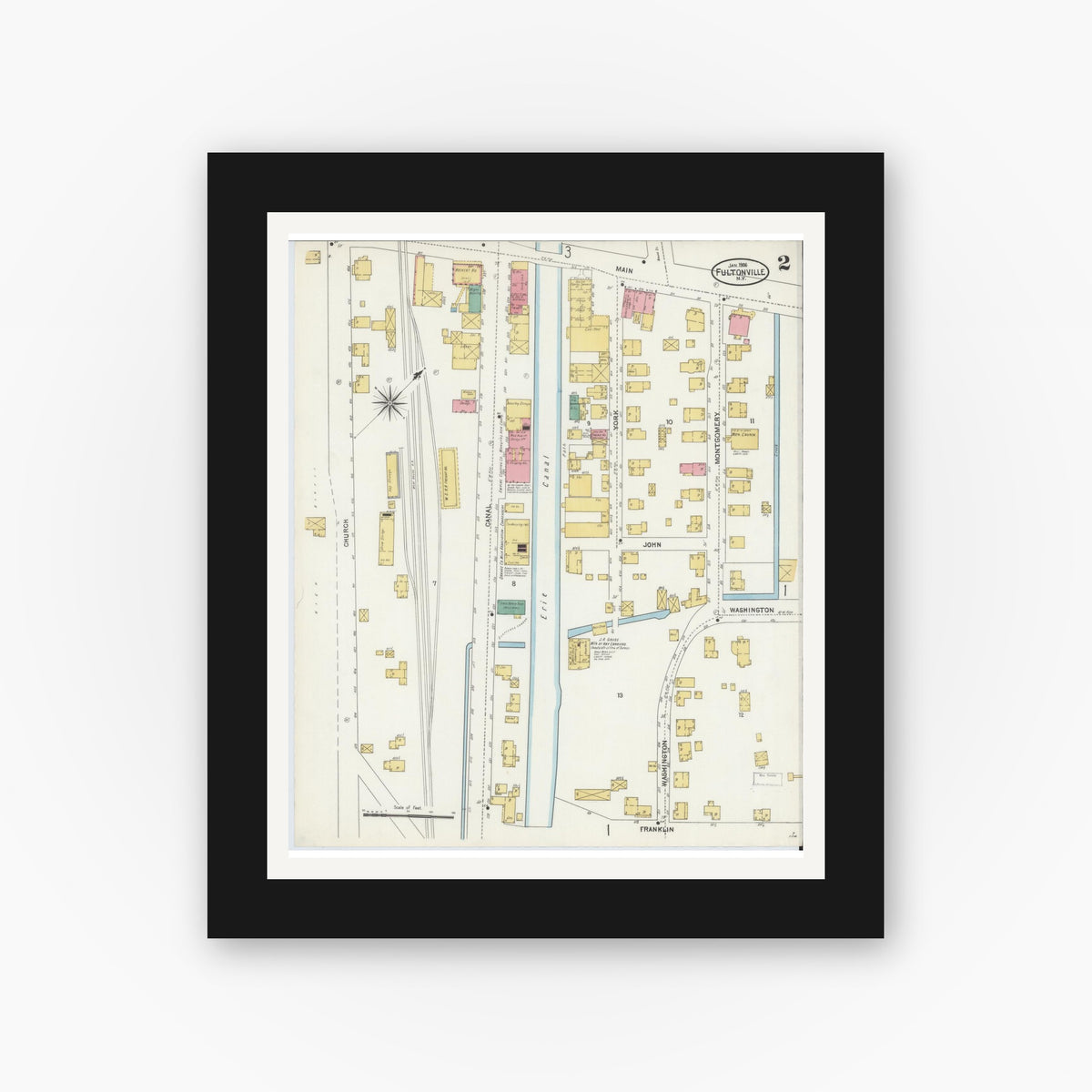Old map wall art mockup — black gallery frame with white mat — Sanborn Fire Insurance Map from Fultonville, Montgomery County, New York (1906), Sheet #0002