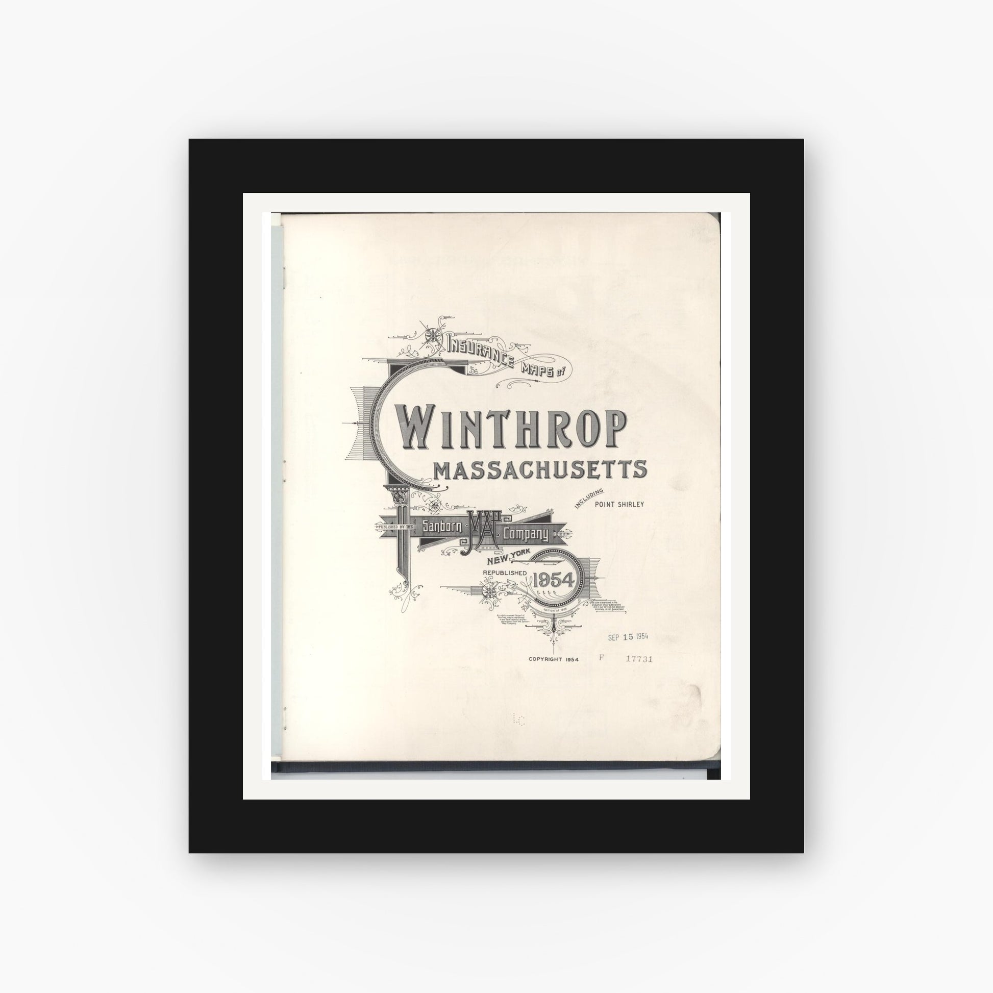 Old map wall art mockup — black gallery frame with white mat — Sanborn Fire Insurance Map from Winthrop, Suffolk County, Massachusetts (1954), Sheet #0001