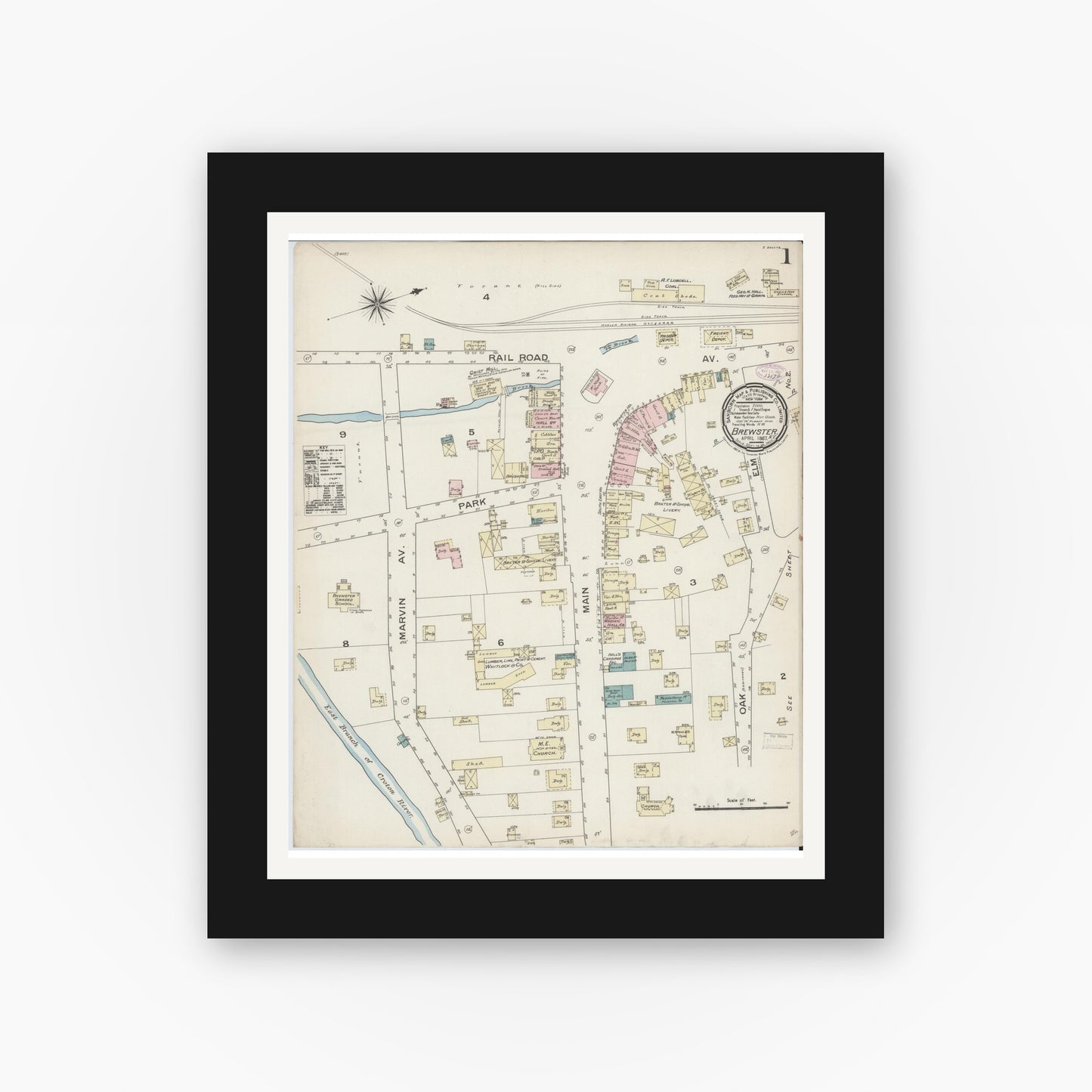 Old map wall art mockup — black gallery frame with white mat — Sanborn Fire Insurance Map from Brewster, Putnam County, New York (1887) - Complete Map Set