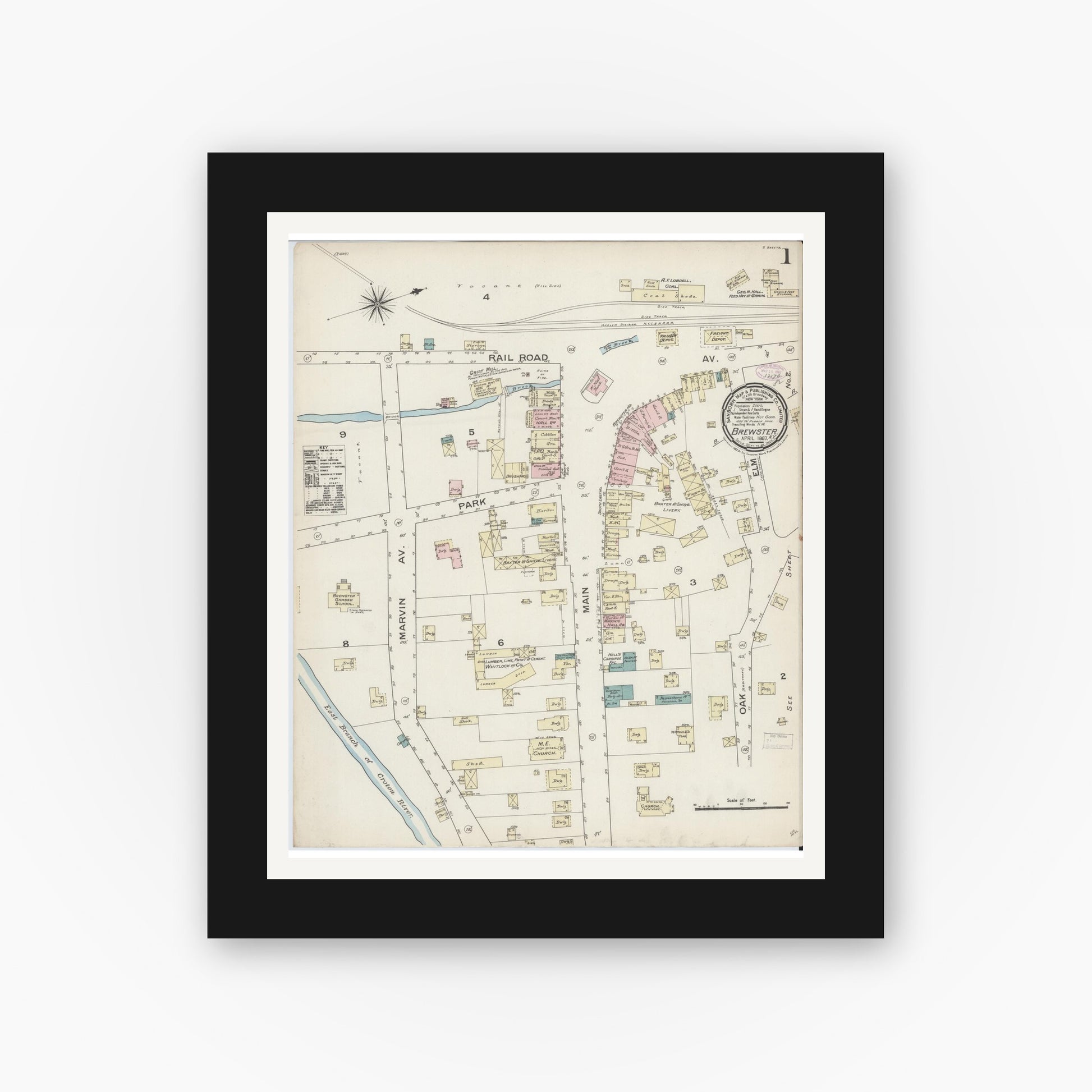 Old map wall art mockup — black gallery frame with white mat — Sanborn Fire Insurance Map from Brewster, Putnam County, New York (1887) - Complete Map Set