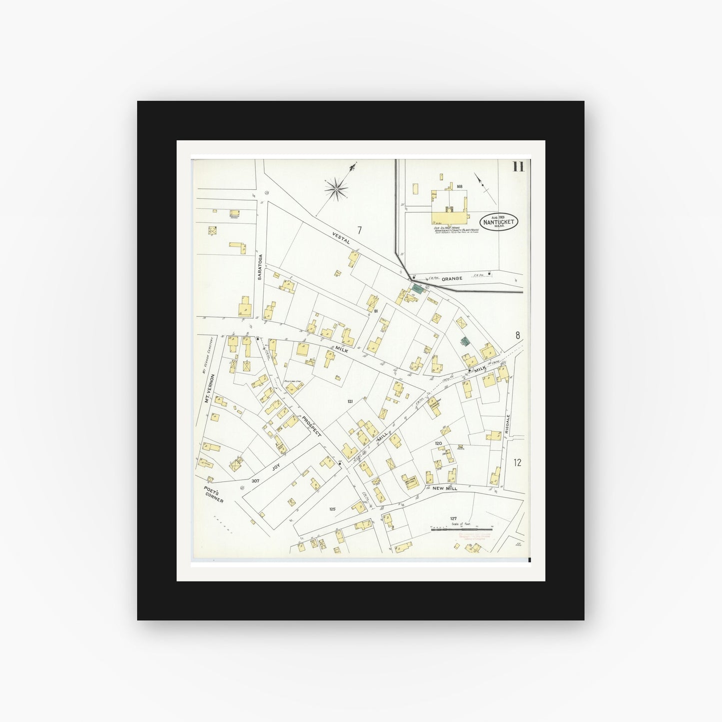Old map wall art mockup — black gallery frame with white mat — Sanborn Fire Insurance Map from Nantucket, Nantucket County, Massachusetts (1909), Sheet #0011