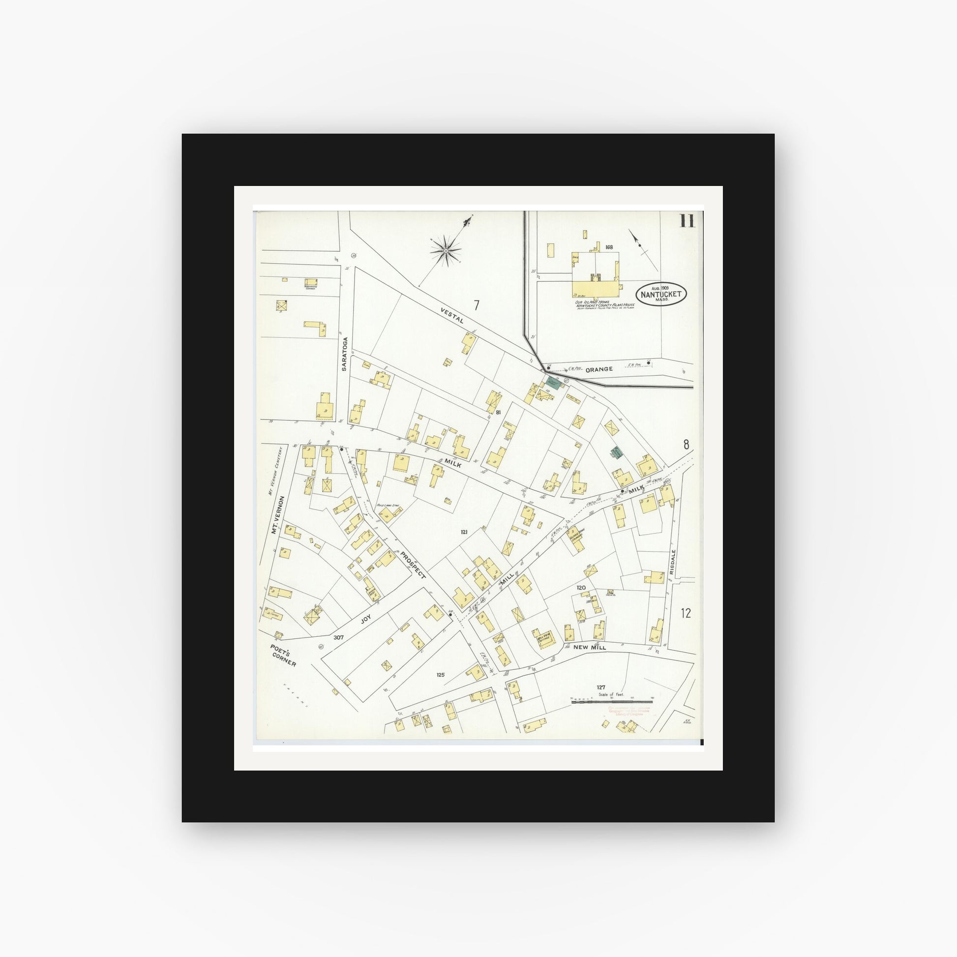 Old map wall art mockup — black gallery frame with white mat — Sanborn Fire Insurance Map from Nantucket, Nantucket County, Massachusetts (1909), Sheet #0011