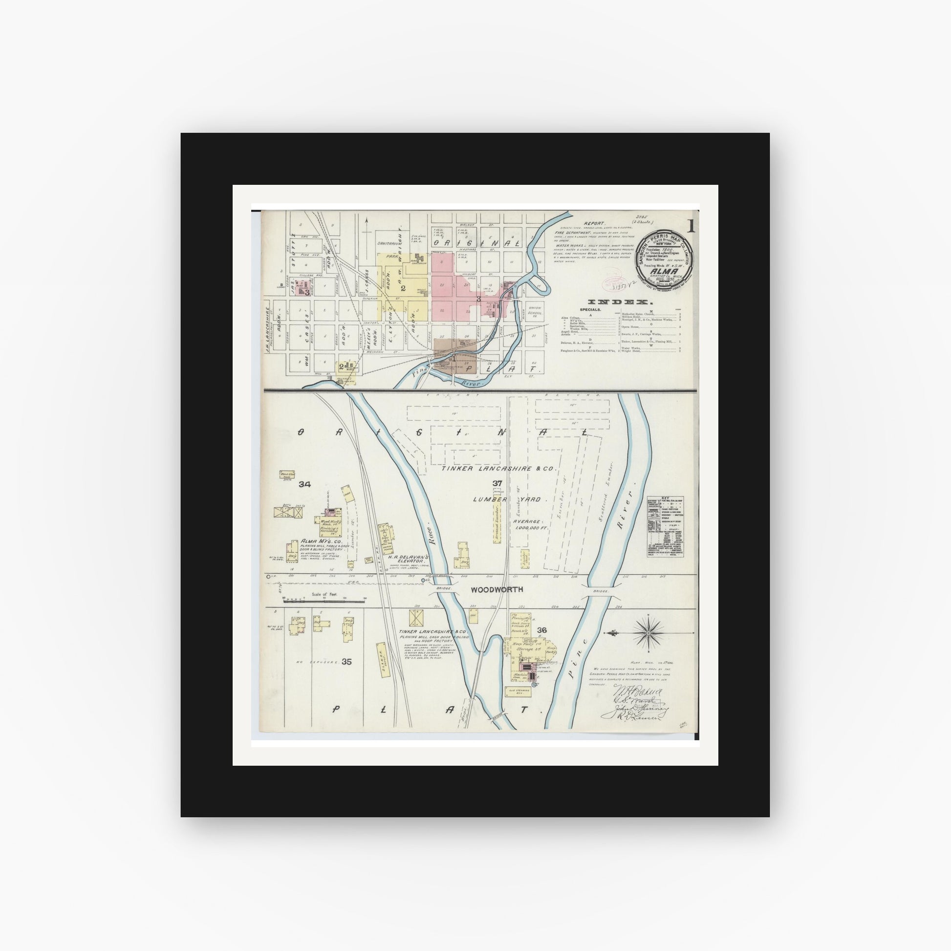 Old map wall art mockup — black gallery frame with white mat — Sanborn Fire Insurance Map from Alma, Gratiot County, Michigan (1890), Sheet #0001