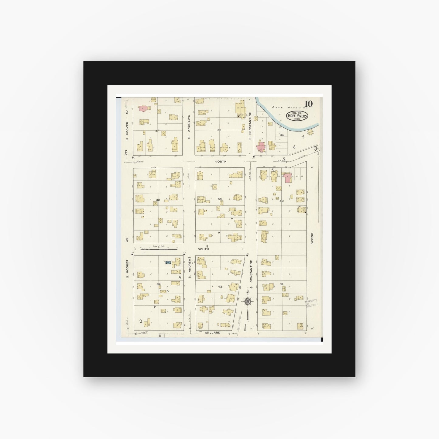 Old map wall art mockup — black gallery frame with white mat — Sanborn Fire Insurance Map from Three Rivers, Saint Joseph County, Michigan (1916), Sheet #0010