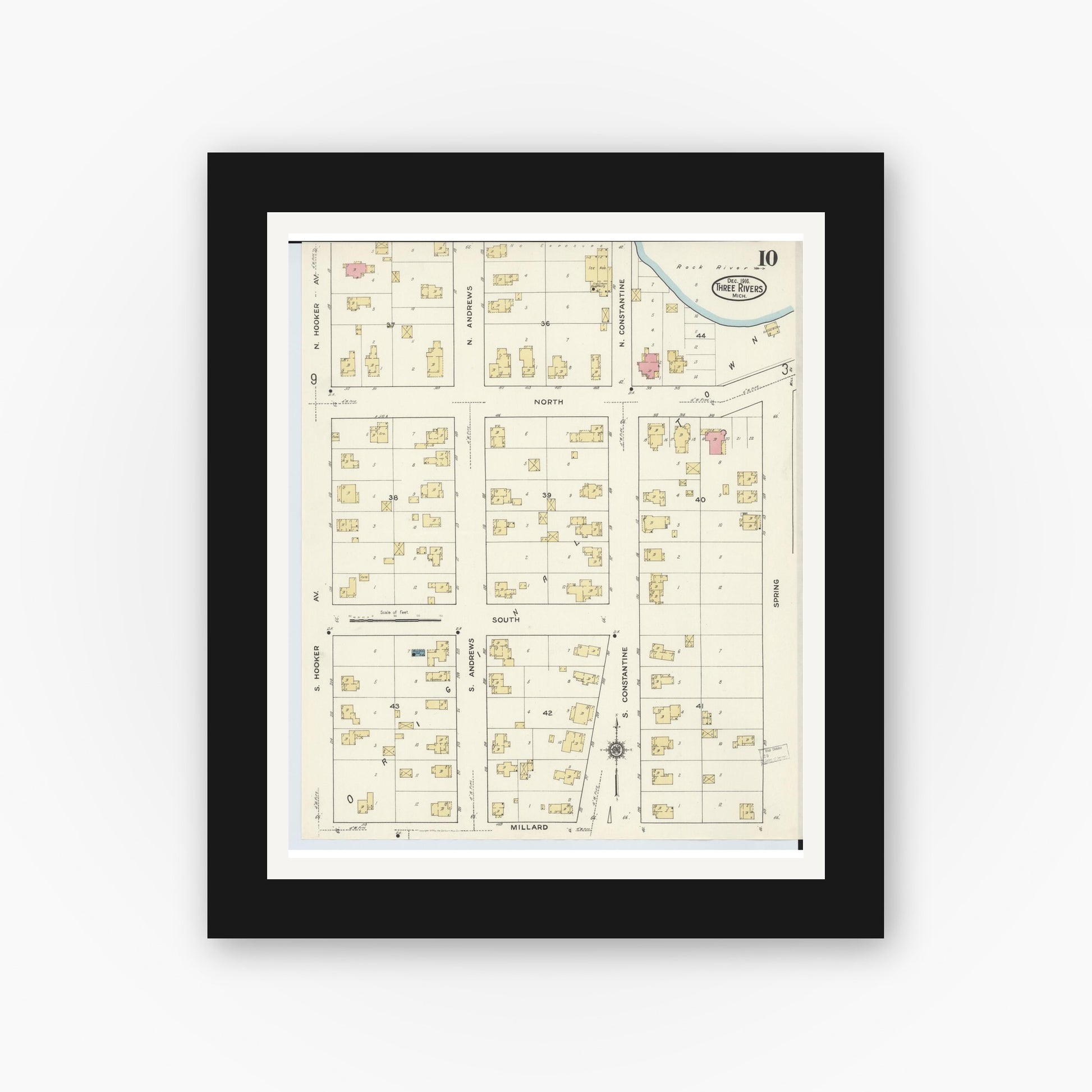 Old map wall art mockup — black gallery frame with white mat — Sanborn Fire Insurance Map from Three Rivers, Saint Joseph County, Michigan (1916), Sheet #0010