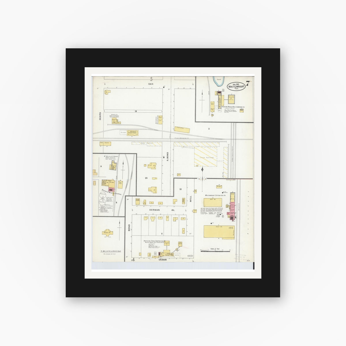 Old map wall art mockup — black gallery frame with white mat — Sanborn Fire Insurance Map from Whitewright, Grayson County, Texas (1905), Sheet #0007