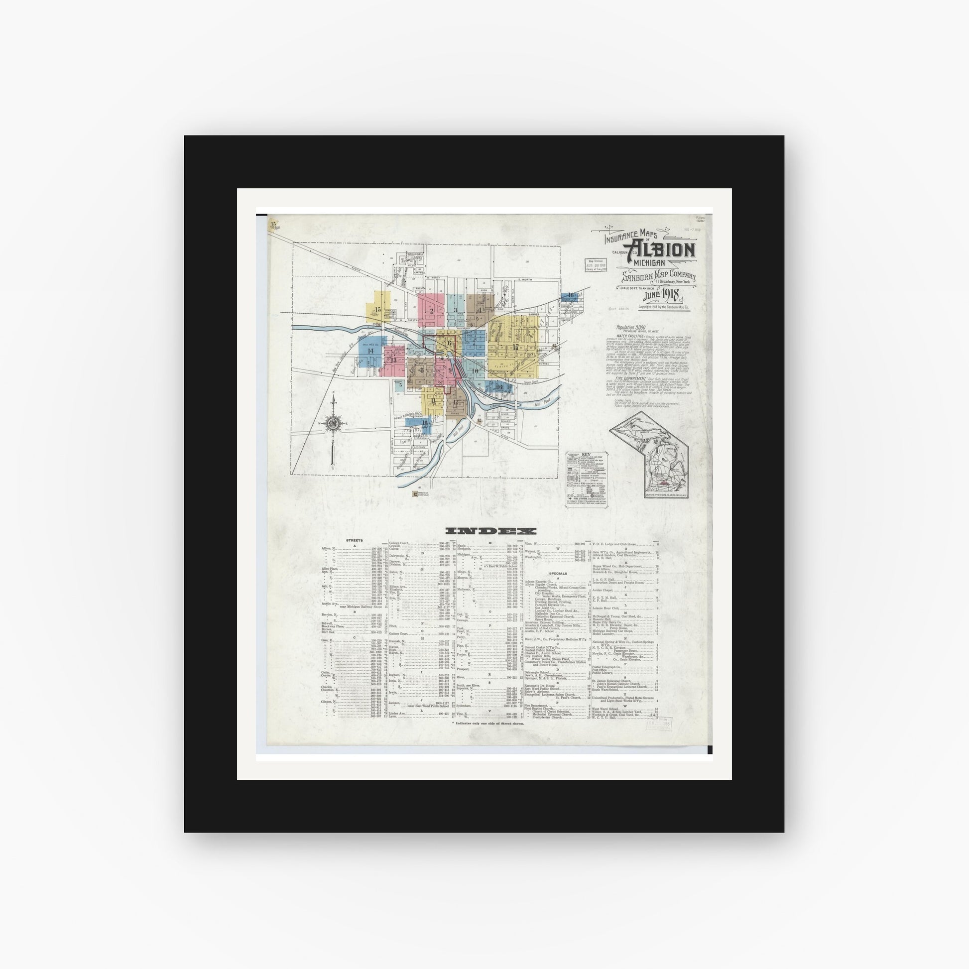 Old map wall art mockup — black gallery frame with white mat — Sanborn Fire Insurance Map from Albion, Calhoun County, Michigan (1918), Sheet #0001