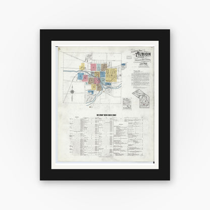 Old map wall art mockup — black gallery frame with white mat — Sanborn Fire Insurance Map from Albion, Calhoun County, Michigan (1918), Sheet #0001