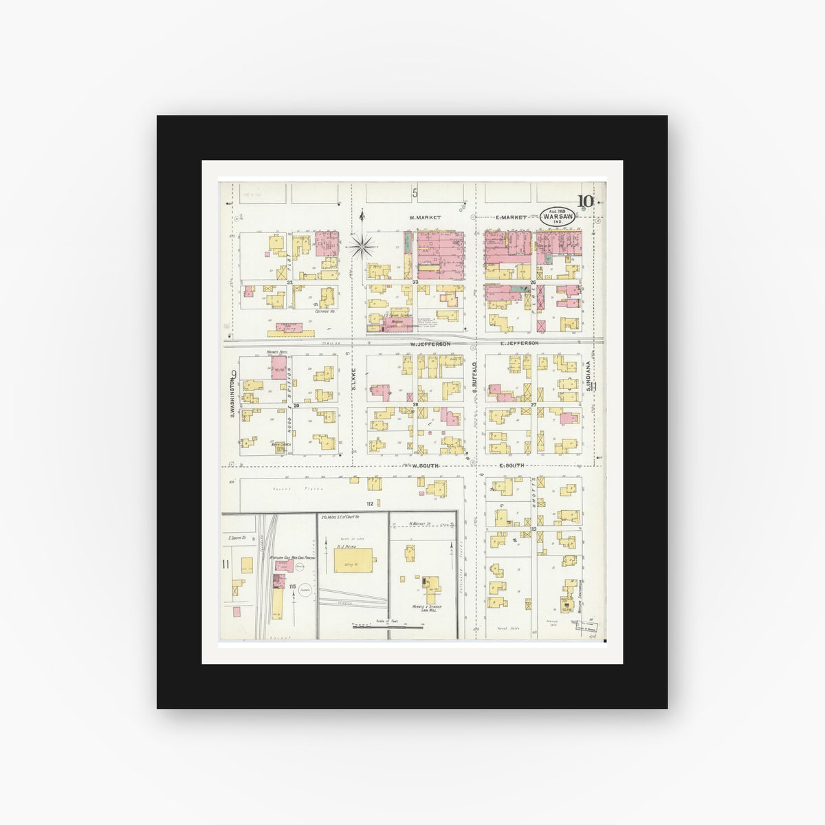 Old map wall art mockup — black gallery frame with white mat — Sanborn Fire Insurance Map from Warsaw, Kosciusko County, Indiana (1905), Sheet #0010