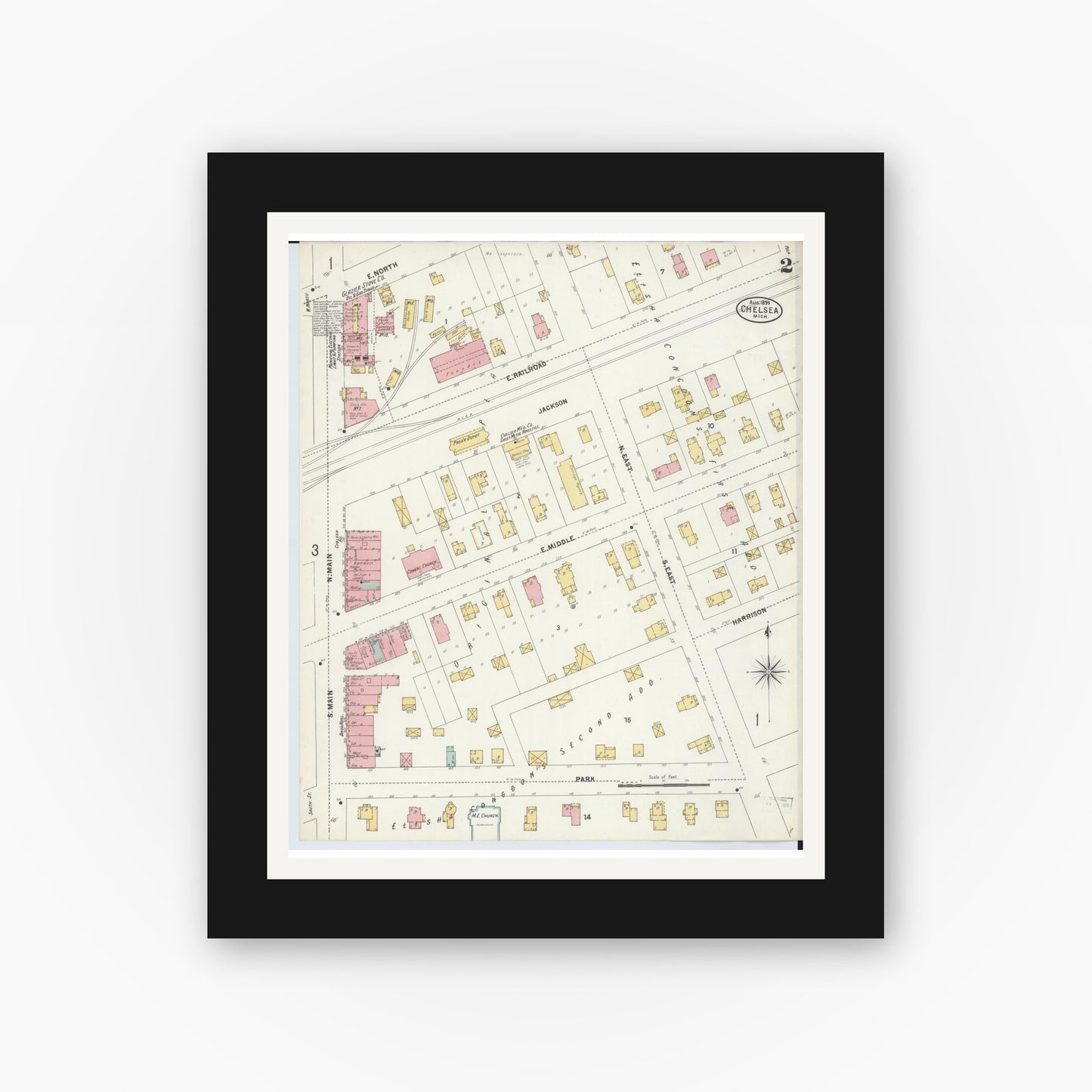 Old map wall art mockup — black gallery frame with white mat — Sanborn Fire Insurance Map from Chelsea, Washtenaw County, Michigan (1899), Sheet #0002