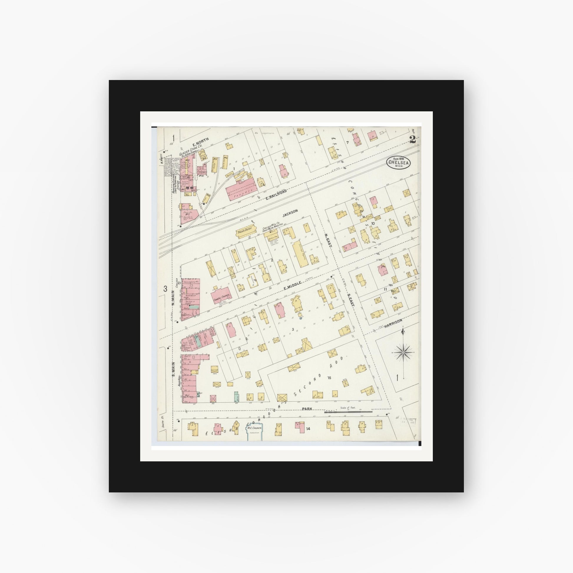 Old map wall art mockup — black gallery frame with white mat — Sanborn Fire Insurance Map from Chelsea, Washtenaw County, Michigan (1899), Sheet #0002