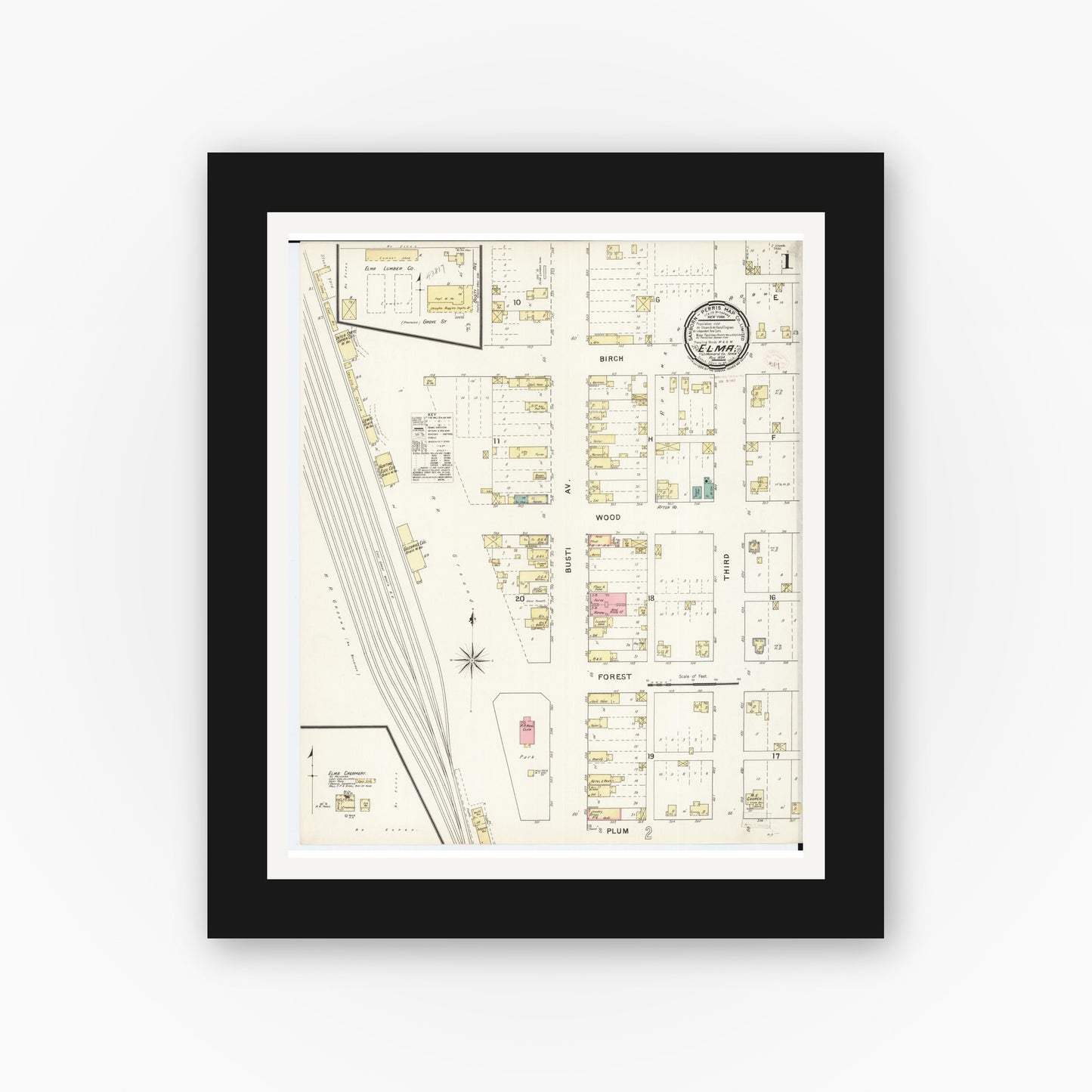 Old map wall art mockup — black gallery frame with white mat — Sanborn Fire Insurance Map from Elma, Howard County, Iowa (1894), Sheet #0001
