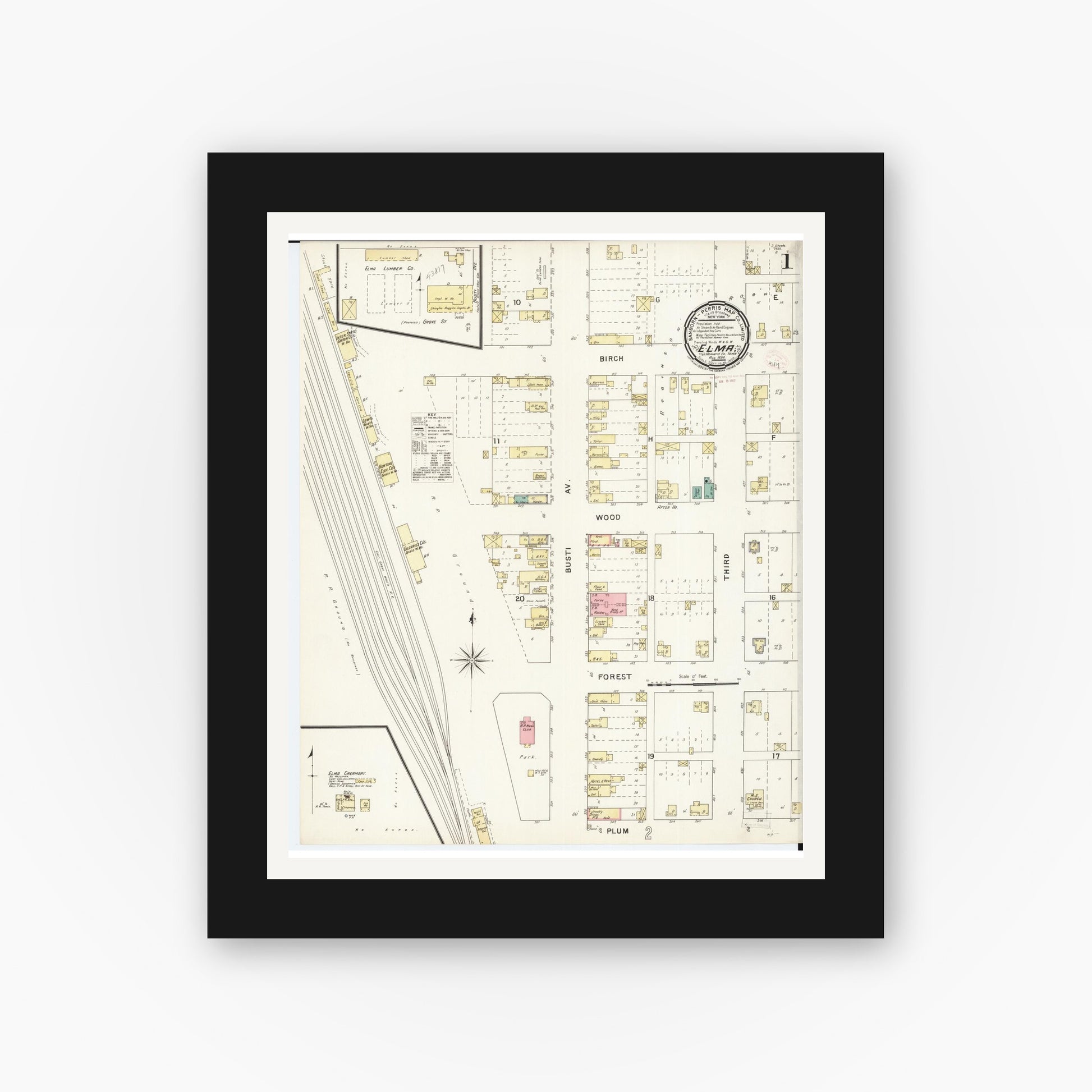 Old map wall art mockup — black gallery frame with white mat — Sanborn Fire Insurance Map from Elma, Howard County, Iowa (1894), Sheet #0001