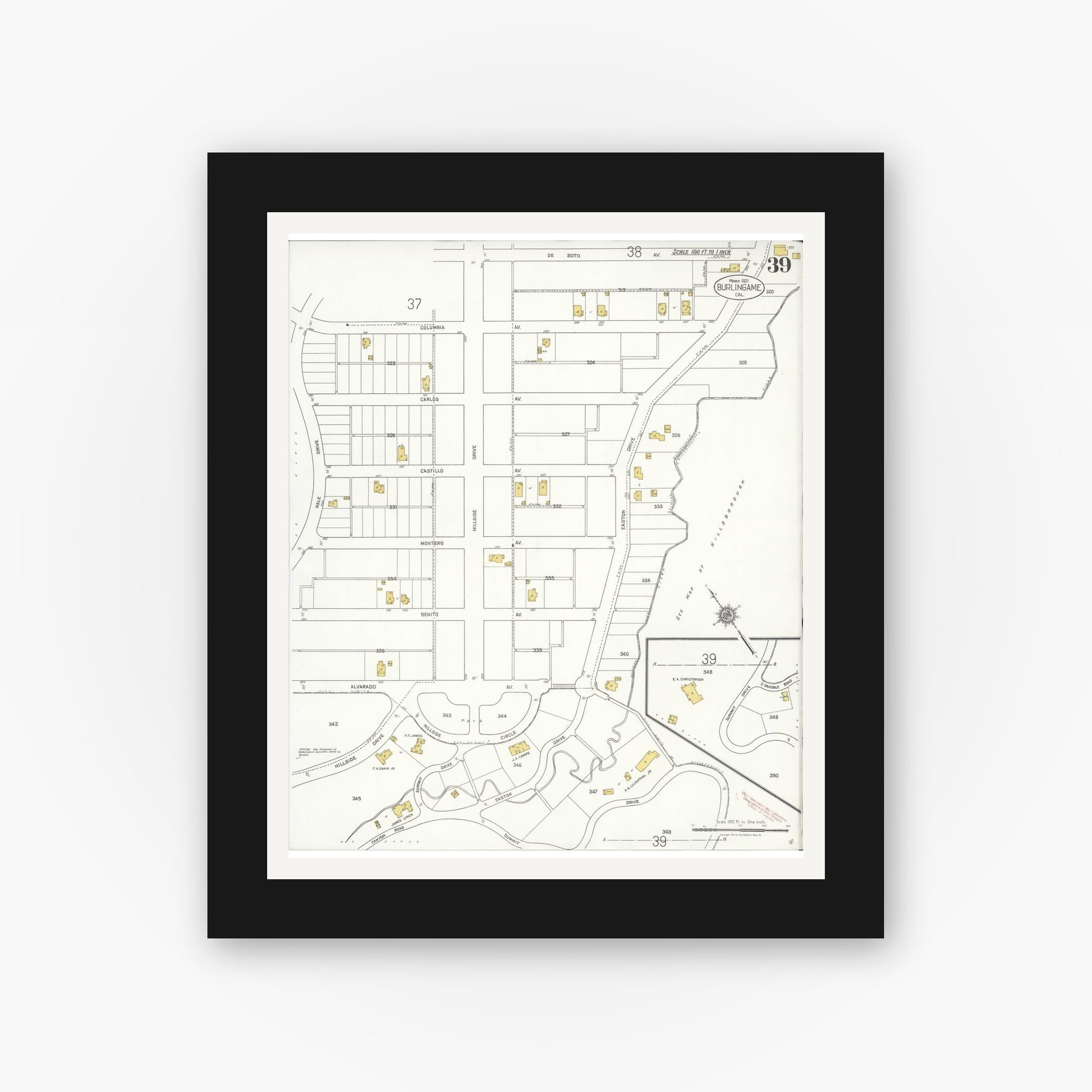 Old map wall art mockup — black gallery frame with white mat — Sanborn Fire Insurance Map from Burlingame, San Mateo County, California (1921), Sheet #0039