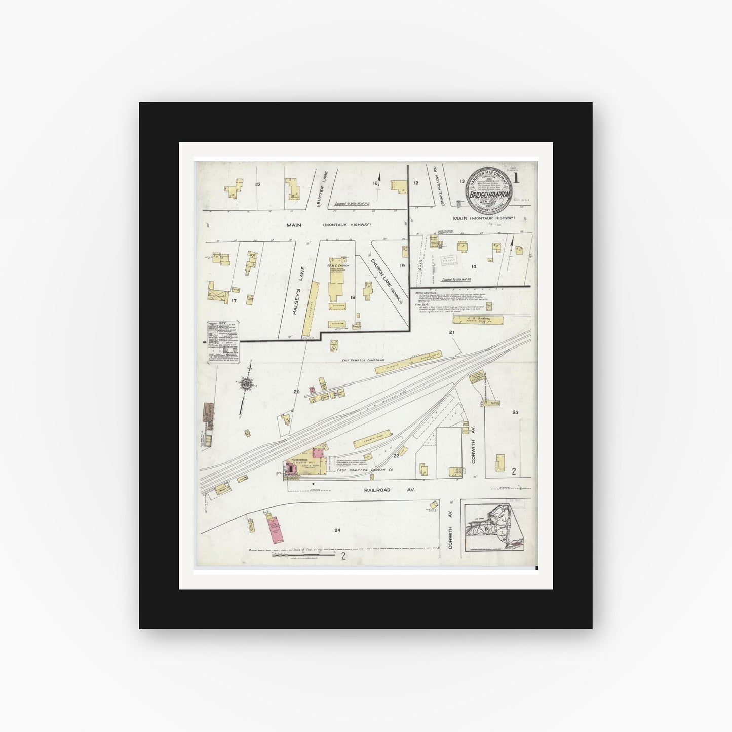 Old map wall art mockup — black gallery frame with white mat — Sanborn Fire Insurance Map from Bridgehampton, Suffolk County, New York (1920) - Complete Map Set
