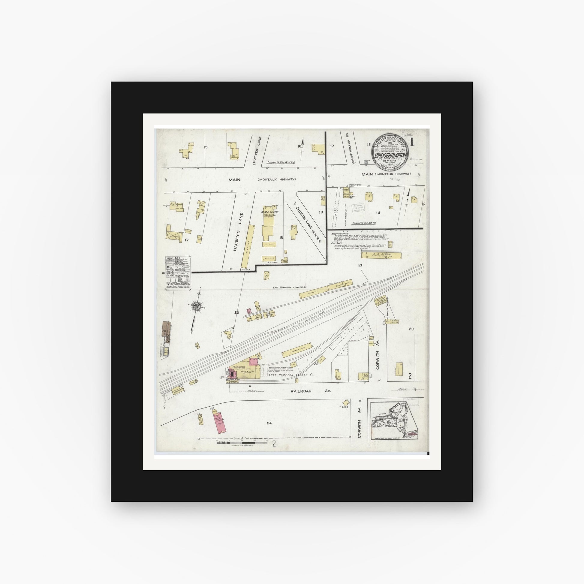 Old map wall art mockup — black gallery frame with white mat — Sanborn Fire Insurance Map from Bridgehampton, Suffolk County, New York (1920) - Complete Map Set