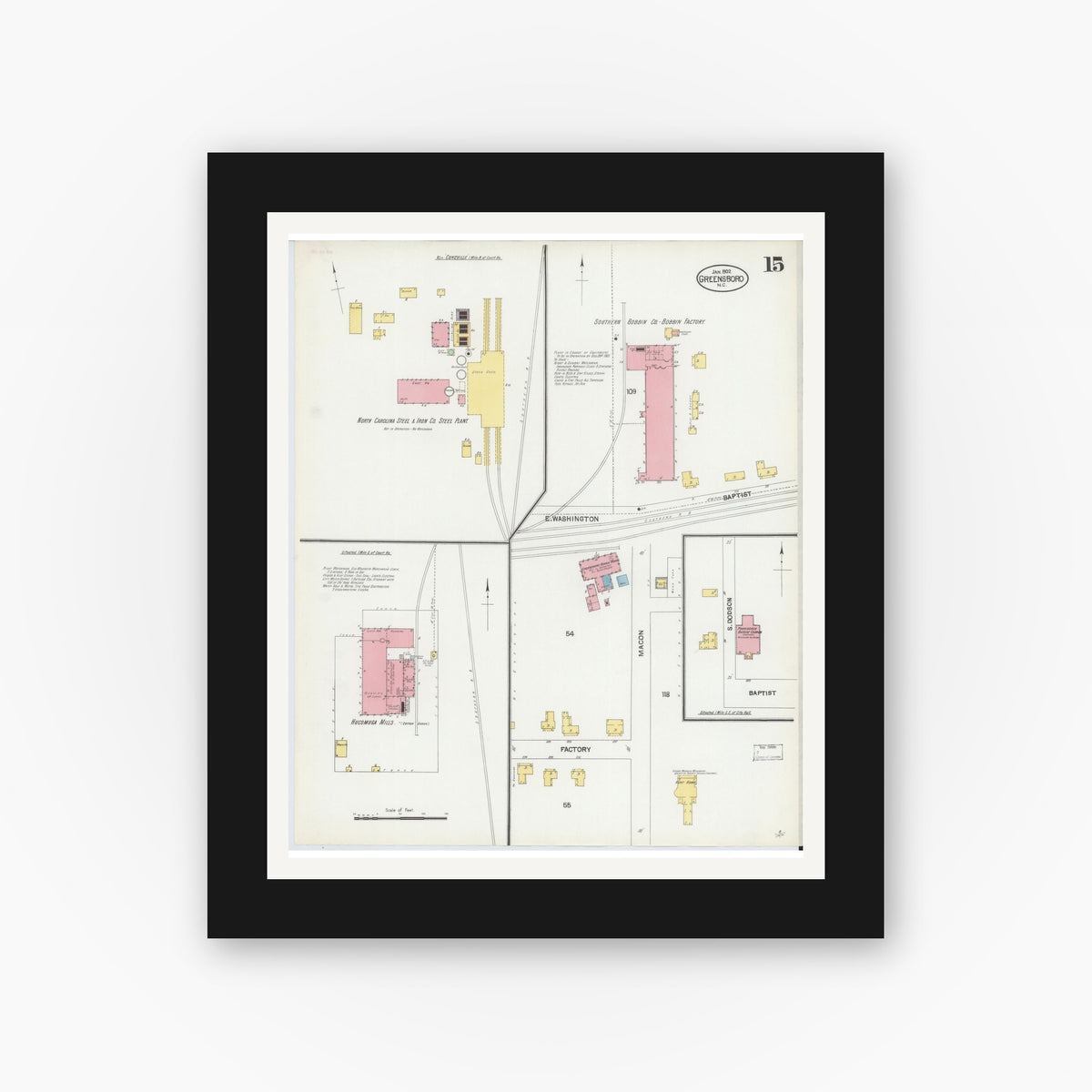 Old map wall art mockup — black gallery frame with white mat — Sanborn Fire Insurance Map from Greensboro, Guilford County, North Carolina (1902), Sheet #0015