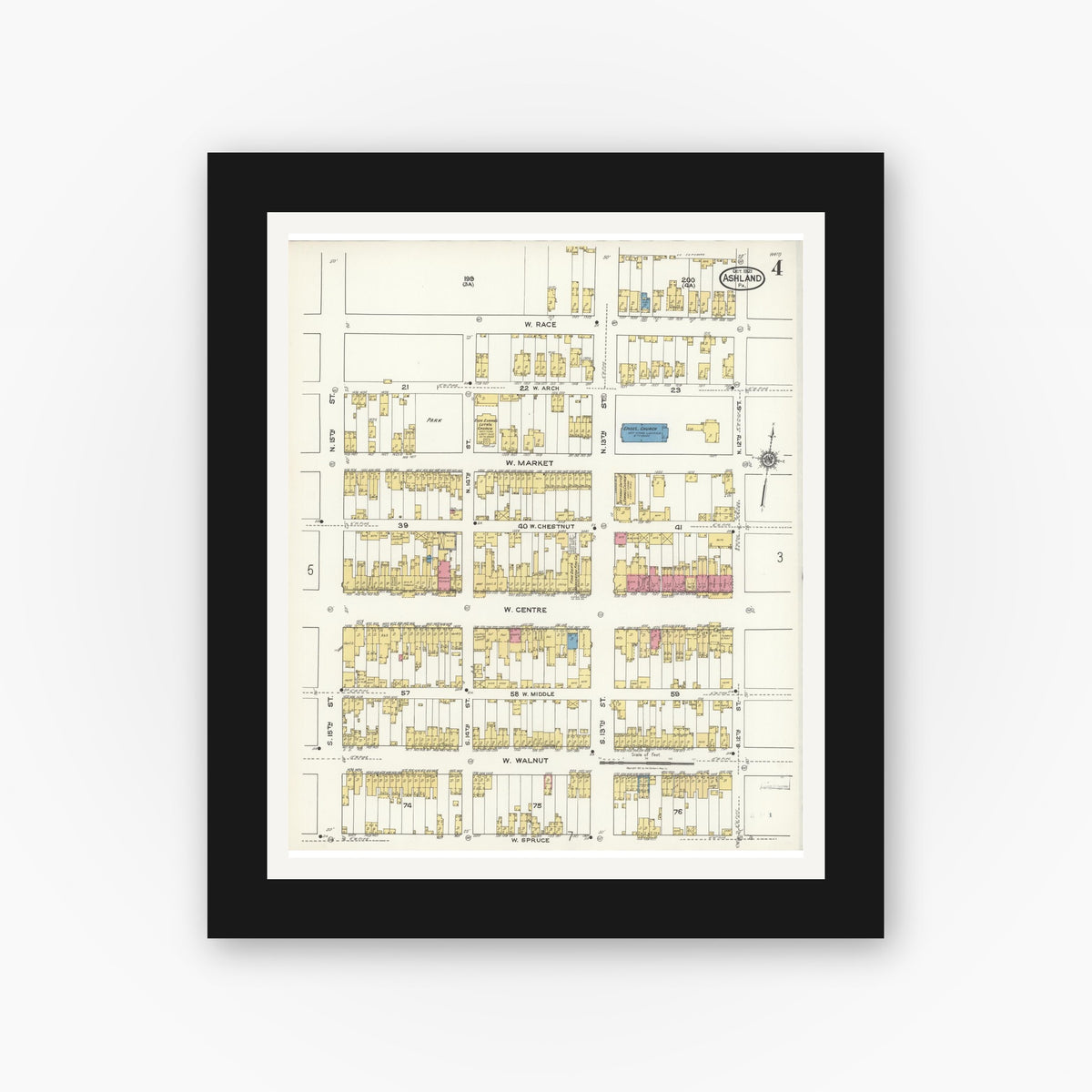 Old map wall art mockup — black gallery frame with white mat — Sanborn Fire Insurance Map from Ashland, Schuylkill County, Pennsylvania (1921), Sheet #0004