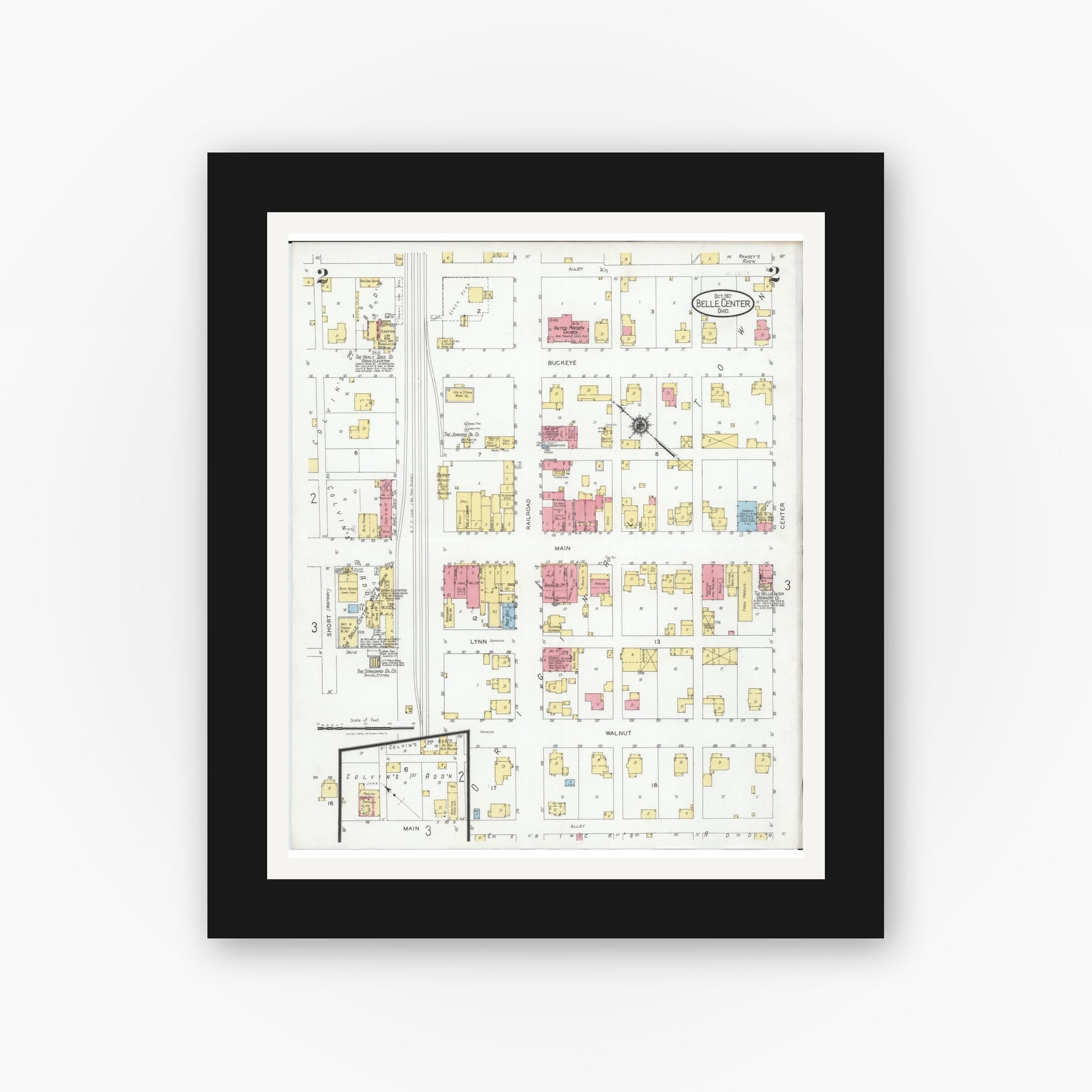 Old map wall art mockup — black gallery frame with white mat — Sanborn Fire Insurance Map from Belle Centre, Logan County, Ohio (1927), Sheet #0002