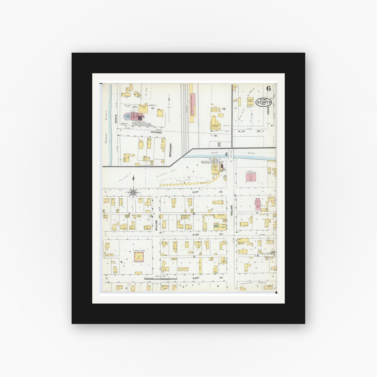 Old map wall art mockup — black gallery frame with white mat — Sanborn Fire Insurance Map from Oconto, Oconto County, Wisconsin (1904), Sheet #0006