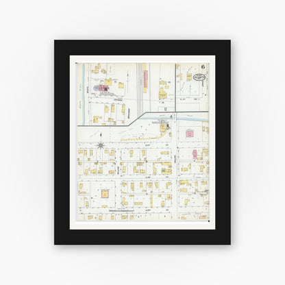 Old map wall art mockup — black gallery frame with white mat — Sanborn Fire Insurance Map from Oconto, Oconto County, Wisconsin (1904), Sheet #0006