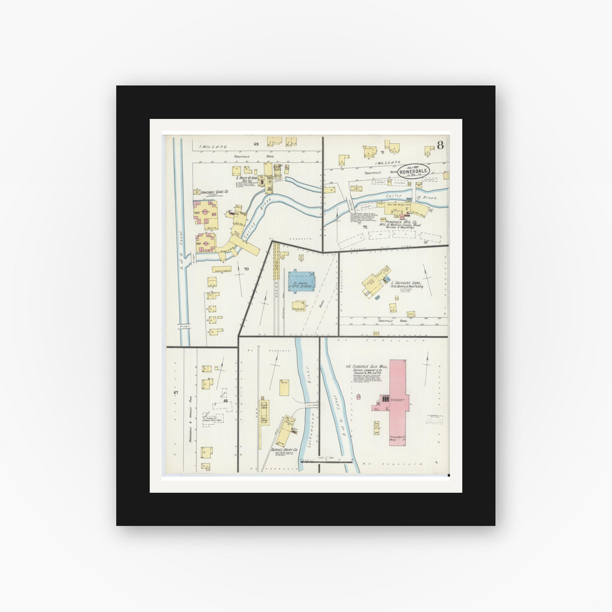 Old map wall art mockup — black gallery frame with white mat — Sanborn Fire Insurance Map from Honesdale, Wayne County, Pennsylvania (1897), Sheet #0008