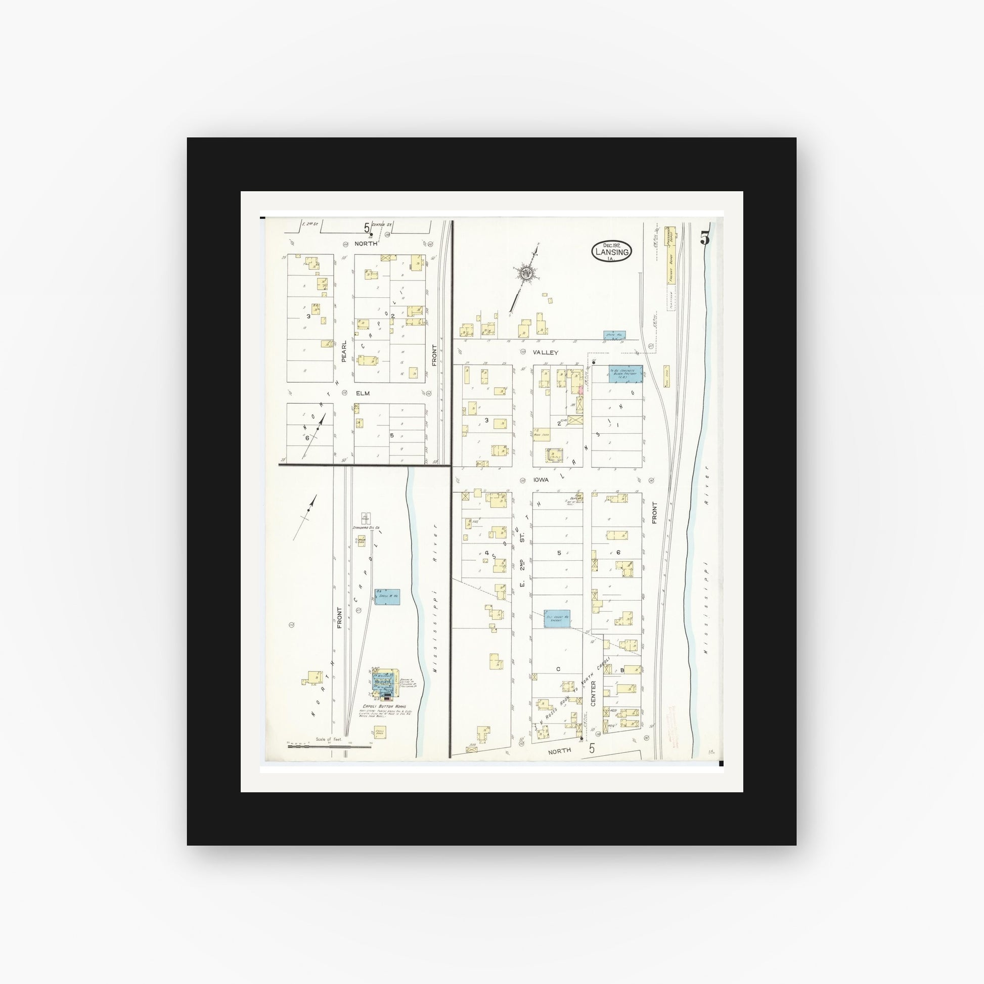 Old map wall art mockup — black gallery frame with white mat — Sanborn Fire Insurance Map from Lansing, Allamakee County, Iowa (1912), Sheet #0005