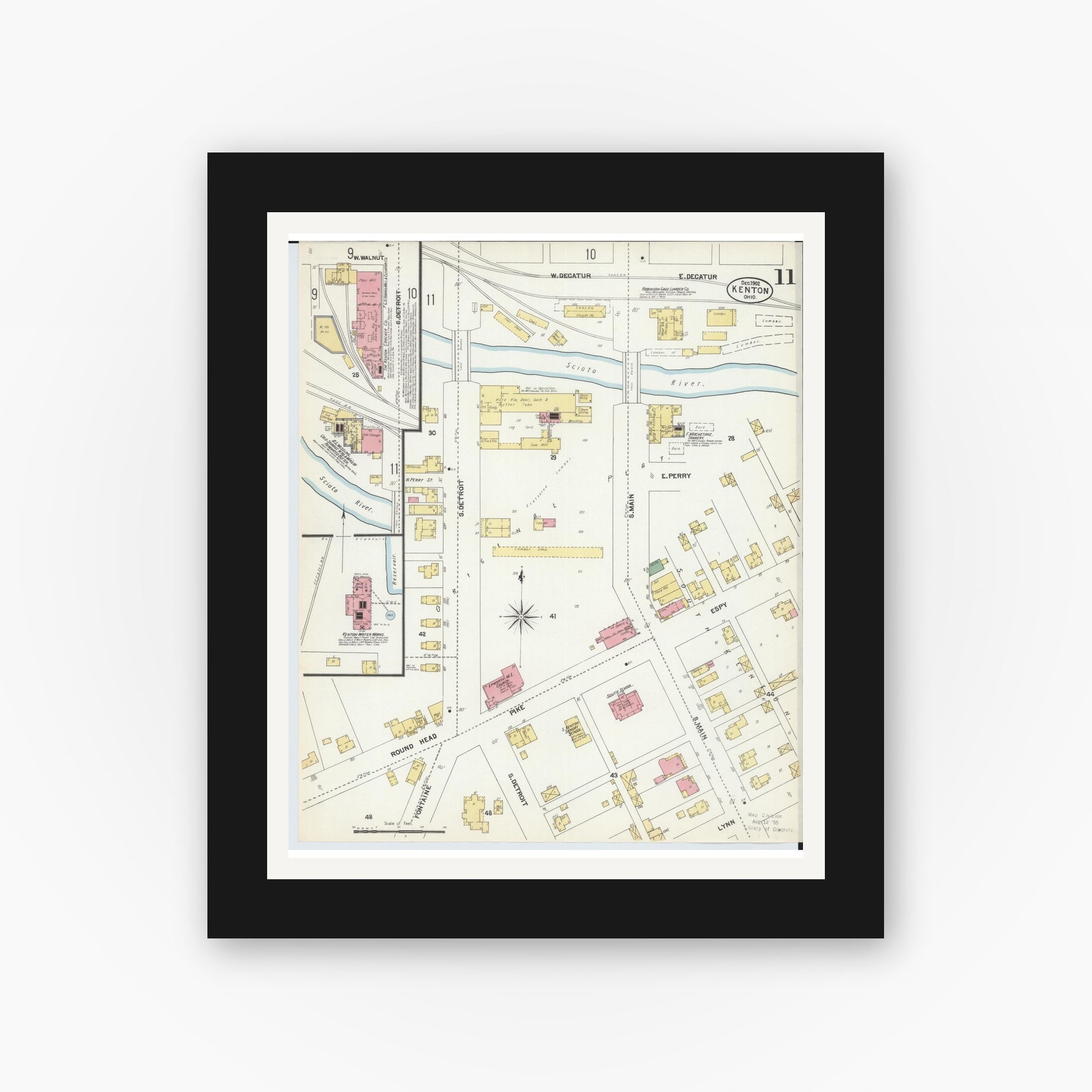Old map wall art mockup — black gallery frame with white mat — Sanborn Fire Insurance Map from Kenton, Hardin County, Ohio (1902), Sheet #0011