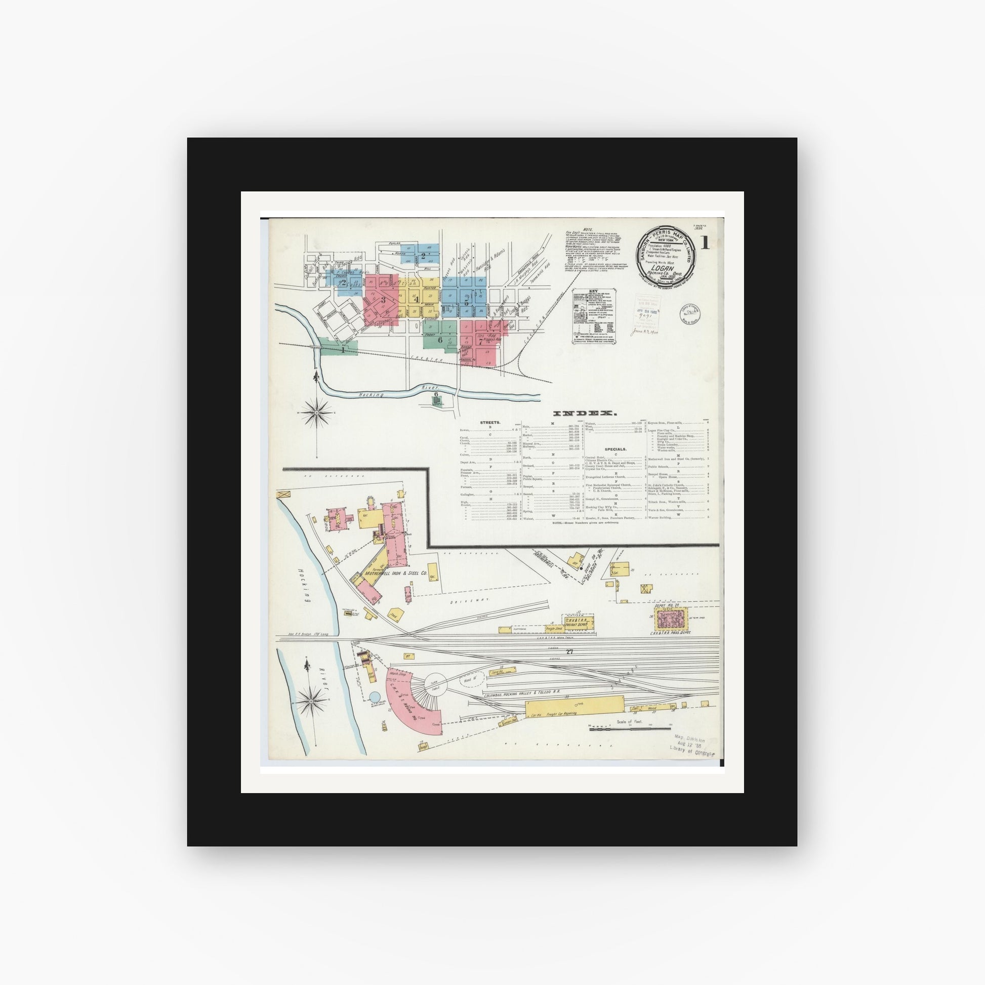 Old map wall art mockup — black gallery frame with white mat — Sanborn Fire Insurance Map from Logan, Hocking County, Ohio (1900) - Complete Map Set