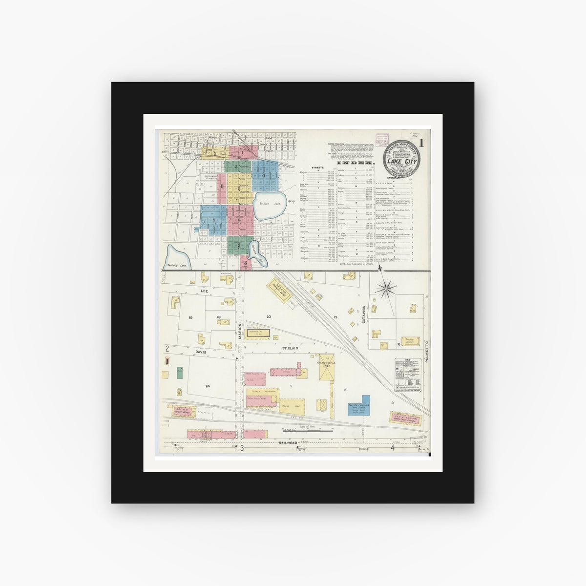 Old map wall art mockup — black gallery frame with white mat — Sanborn Fire Insurance Map from Lake City, Columbia County, Florida (1906), Sheet #0001